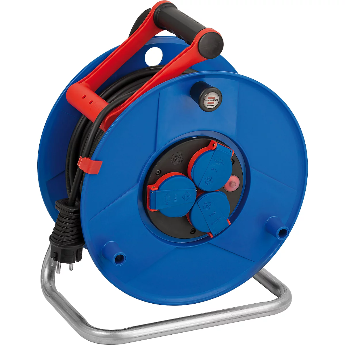 Brennenstuhl Garant kabelhaspel, 3 wandcontactdozen met aardingscontact, Bremaxx kabel, 50 meter, speciaal kunststof, geschikt voor buitengebruik, met draaigreep, B 290 x H 370 mm, blauw/rood/zwart
