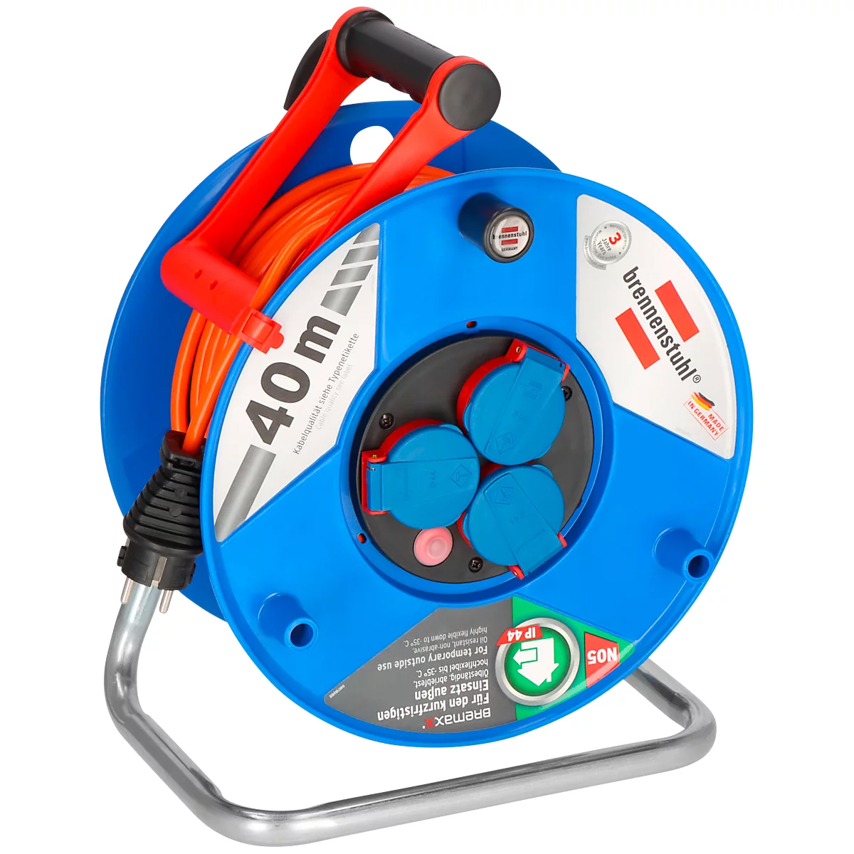 Brennenstuhl Garant Kabeltrommel, 40 meter, 3 Schutzkontaktsteckdosen, Bremaxx-Kabel, cablepilot Tragegriff, IP44, für Außenbereiche, L 198 x B 290 x H 365 mm, blau/orange