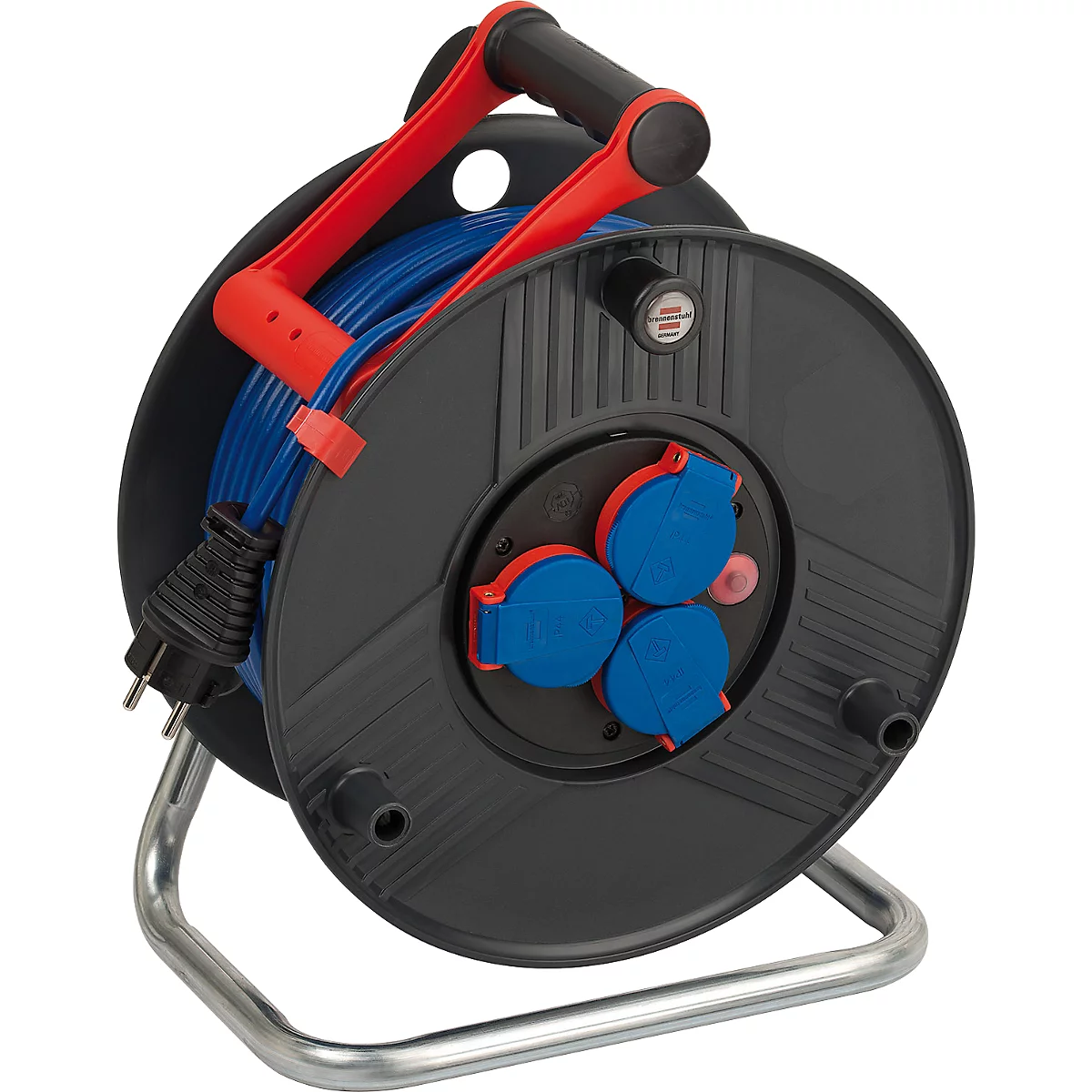 Brennenstuhl Garant Kabeltrommel, 50 meter, 3 Schutzkontaktsteckdosen, Bremaxx-Kabel, cablepilot Tragegriff, IP44, für Außenbereiche, L 200 x B 290 x H 360 mm, blau/schwarz