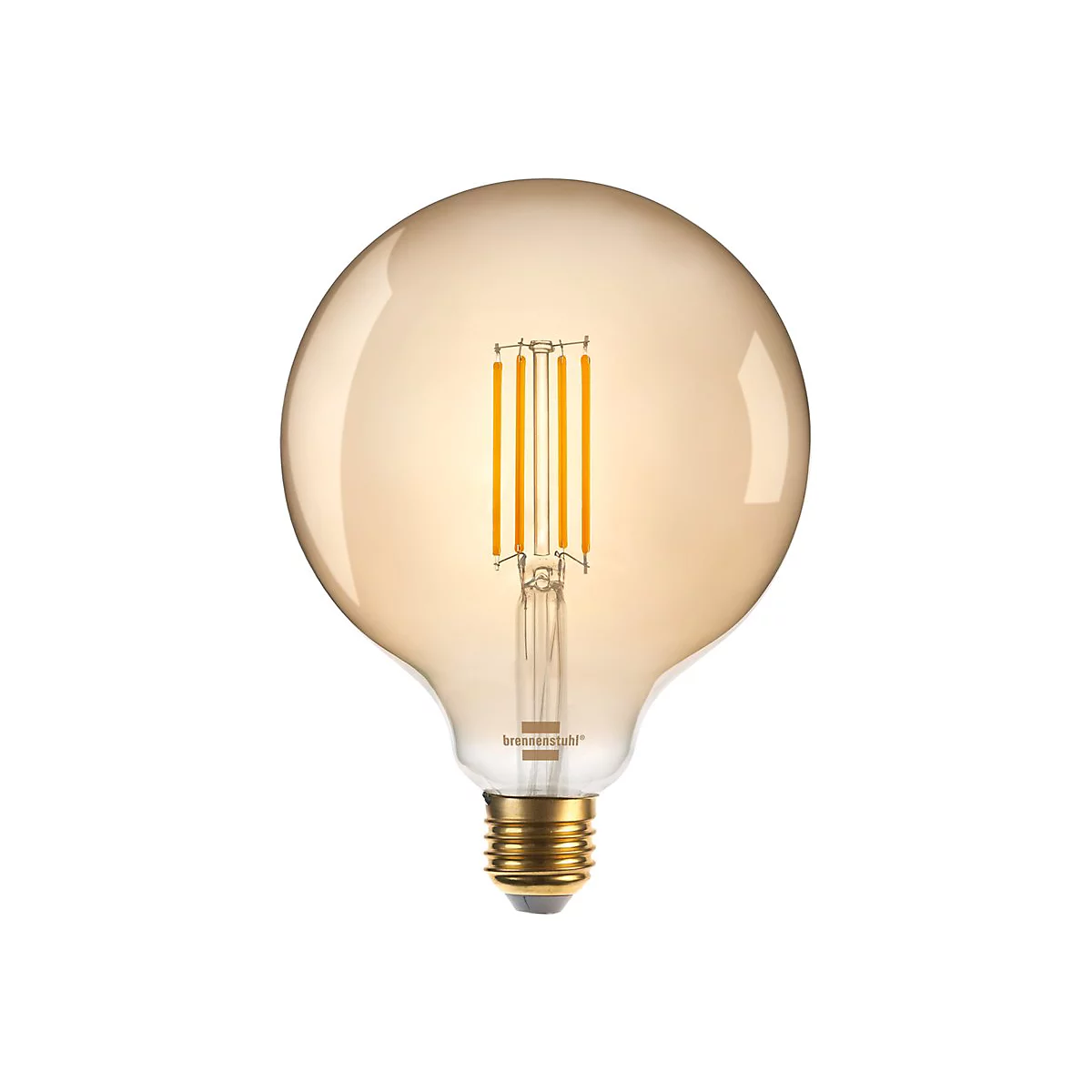 Große, kugelförmige LED-Lampe mit bernsteinfarbenem Glas und sichtbaren vertikalen Leuchtfäden.