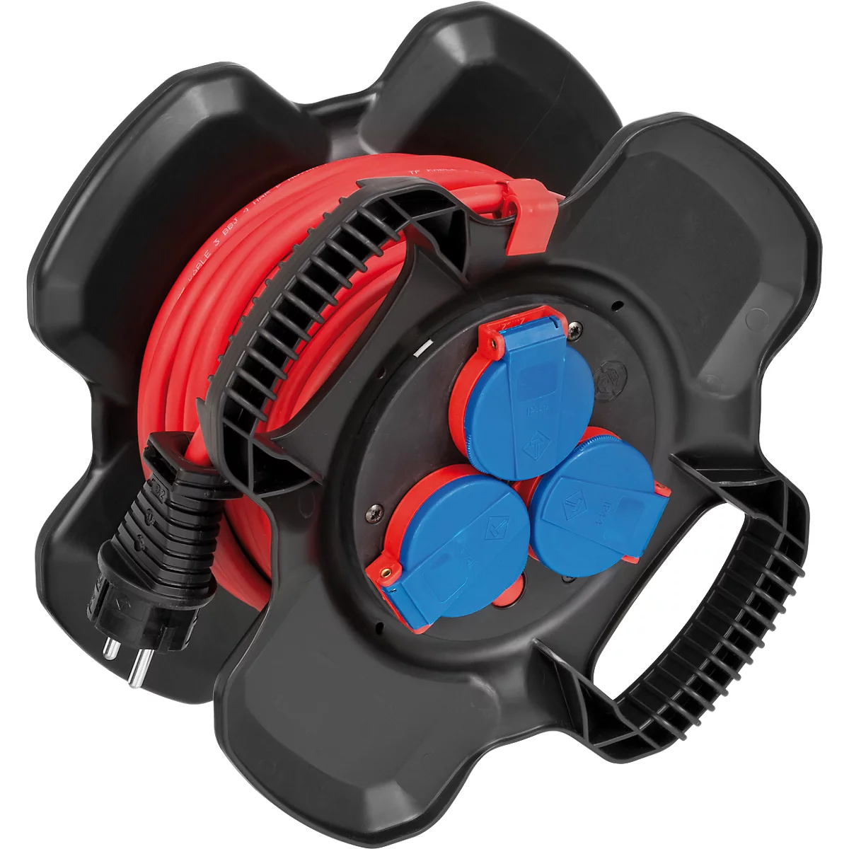 Brennenstuhl Gummi-Kabeltrommel X-Gum, 10 m, 2 Handgriffe, 3-fach spritzwassergeschützt, ölbeständiges RN-Kabel, IP44, blau/rot/schwarz