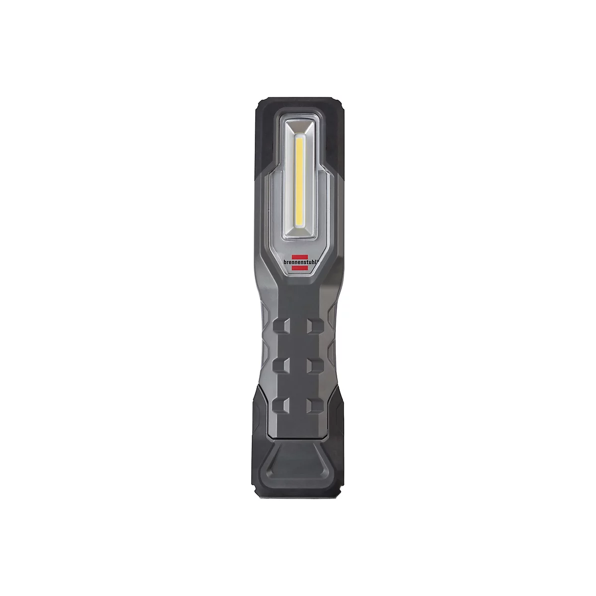 Schwarze, längliche LED-Arbeitsleuchte mit Brennenstuhl-Logo und einem zentralen, leuchtenden Lichtstreifen.