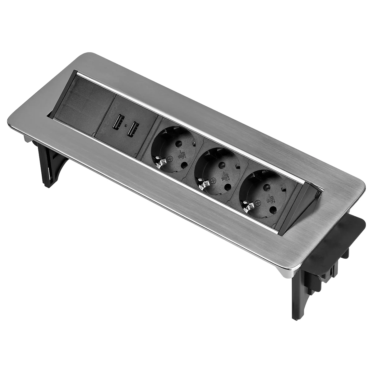 Brennenstuhl Indesk Power USB-lader, 3 stopcontacten met aardingscontact, 2 USB-laadcontactdozen, inschuifbaar, 2 m kabel, zilver/zwart