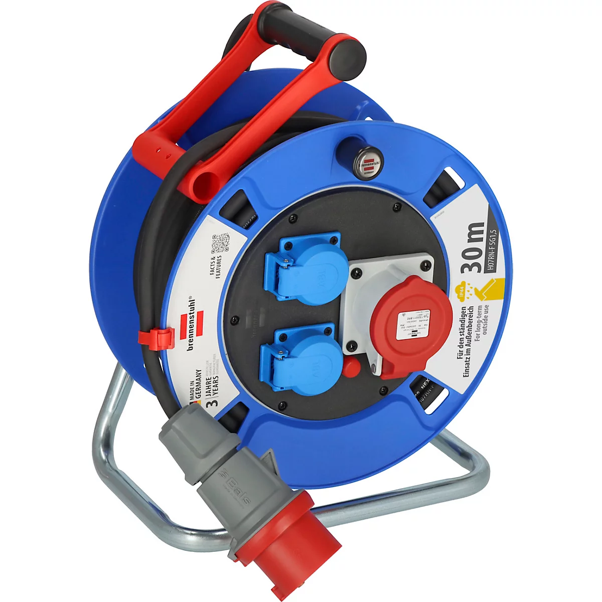 Blauwe kabelhaspel met rode handgreep, zwarte kabel en stopcontacten. Inschrift: 30 m.
