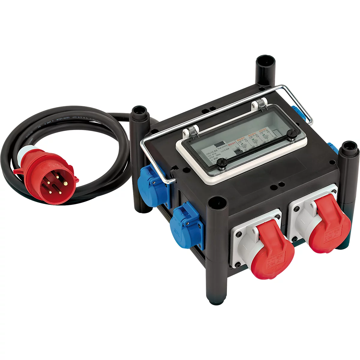 Brennenstuhl kompakter Gummi-Stromverteiler, 1x CEE 400 V/16 A Stecker, 2 x CEE 400 V/16 A Steckdosen, 5 x 230 V/16 A Schutzkontakt-Steckdosen, FI-Schutzschalter, temperaturbeständig -30°C bis +80°C, stabiler Metalltragegriff