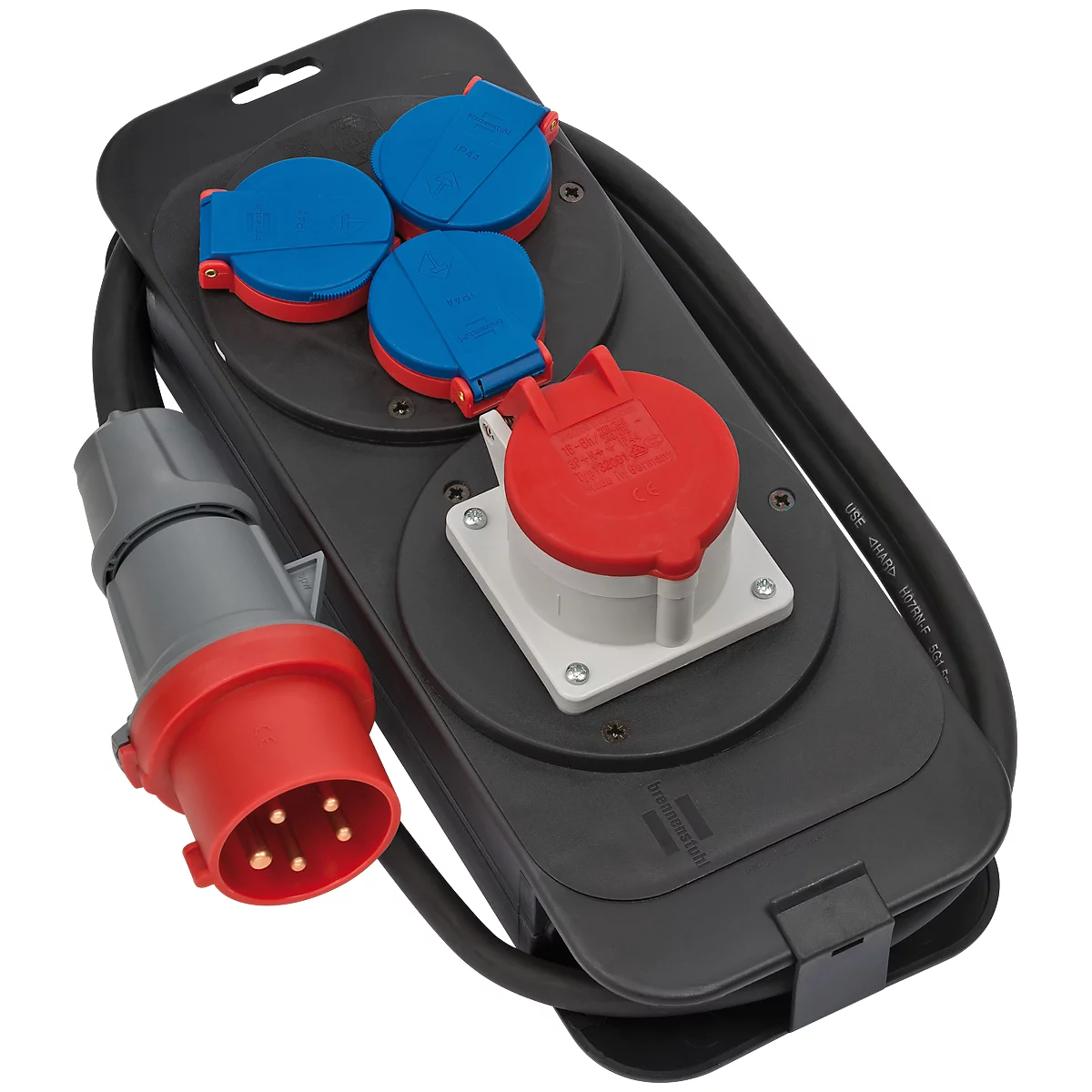 Brennenstuhl krachtstation, 1x CEE 400V/16A wandcontactdoos, 3x 230V wandcontactdozen, IP44, 2 m kabel, L 350 x B 135 x H 110, zwart