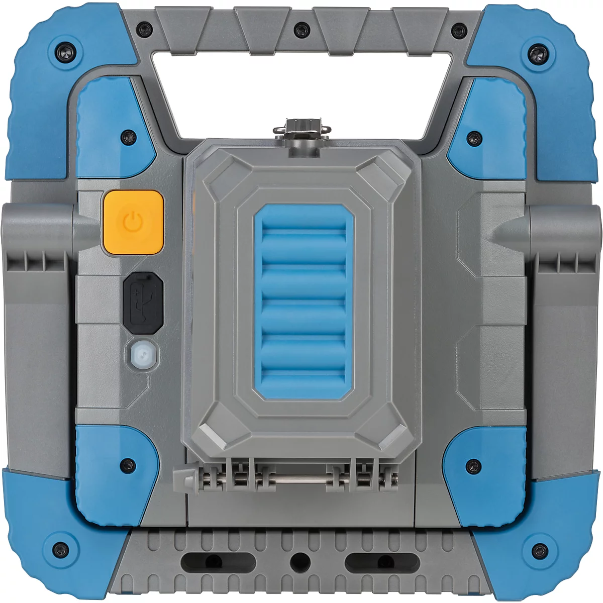 Grau-blaues, rechteckiges technisches Gerät mit Griff. Oben ein Griff, seitlich blaue und graue Elemente, Knopf mit Power-Symbol.