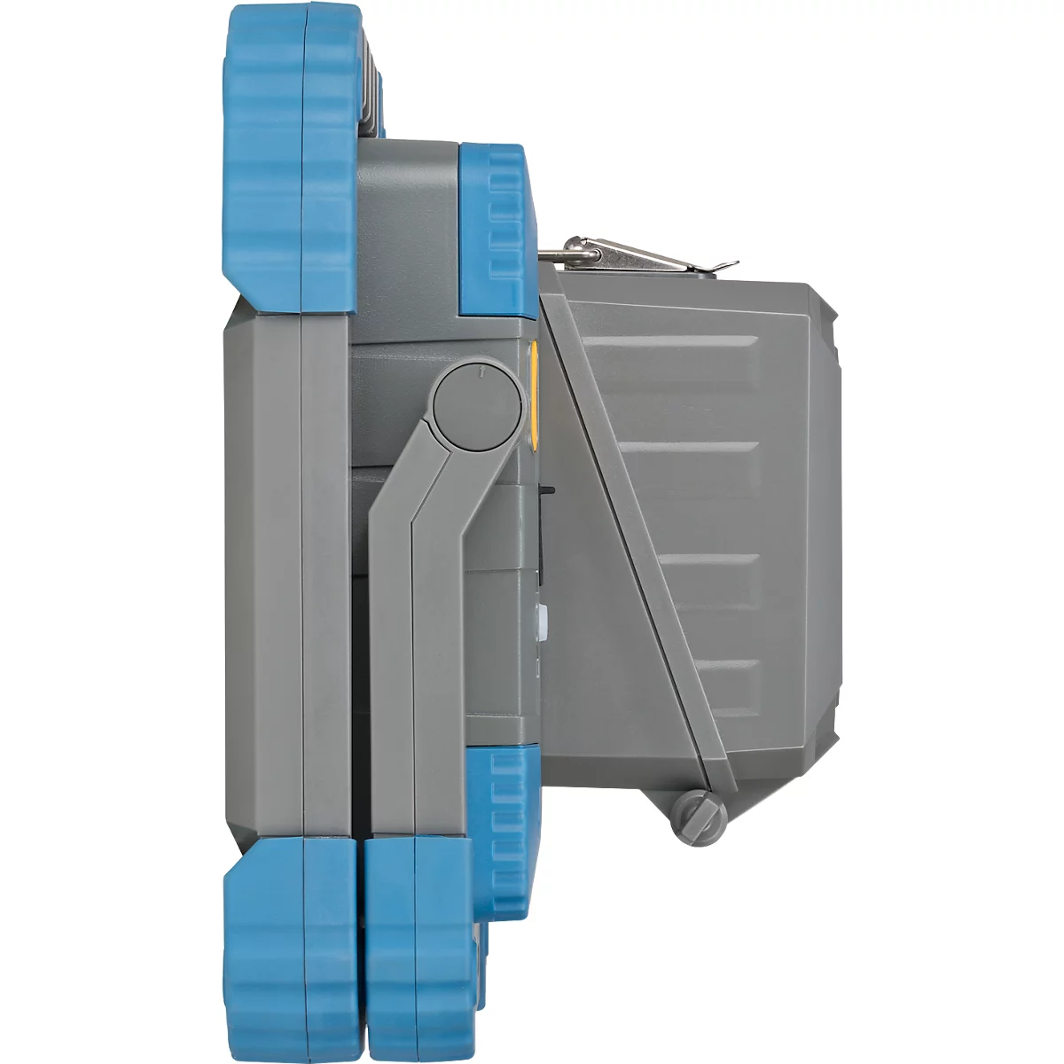 Graue Maschine, blaue Akzente, kantige Formen, seitliche Ansicht, Griff. Aufklappbar. Technisches Gerät.