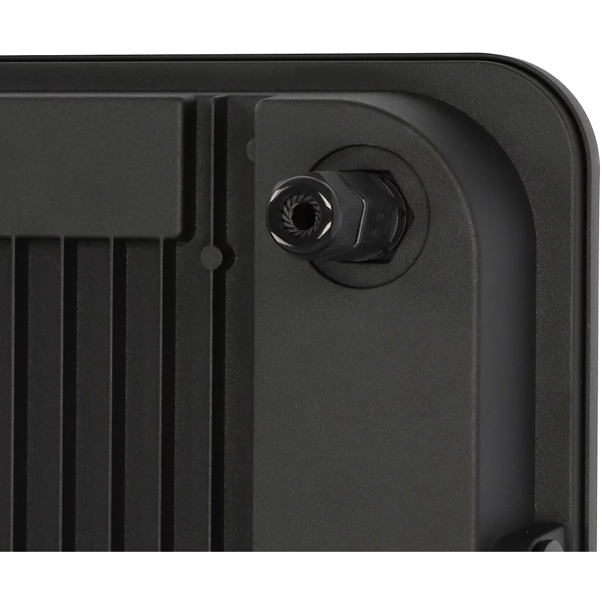 Eine LED-Außenleuchte an einer dunklen Hauswand. Daneben grüne Pflanzen.