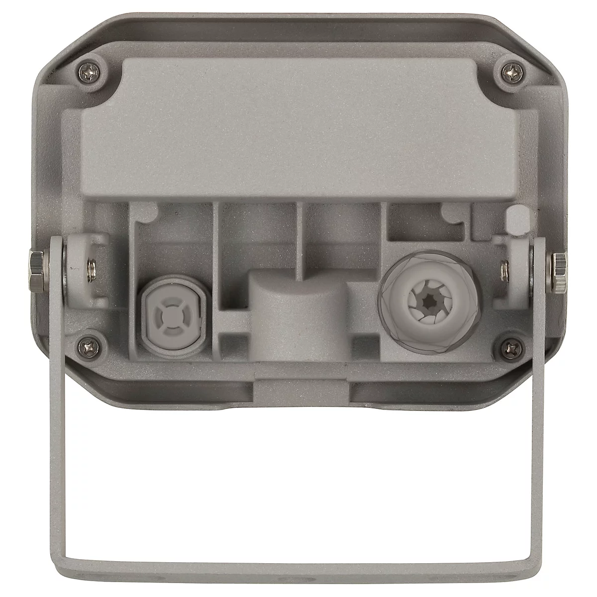 Rückseite einer grauen LED-Leuchte mit Halterung. Schrauben und Anschlüsse sind sichtbar.