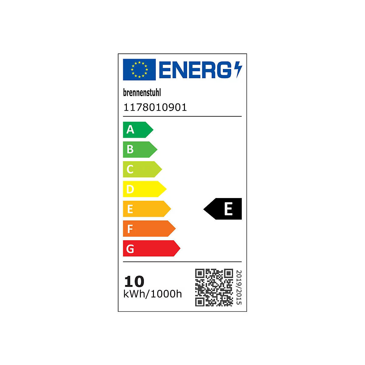 Energielabel von Brennenstuhl, Energieeffizienzklasse E. Zeigt Buchstaben A bis G und QR-Code, sowie den Verbrauch: 10 kWh/1000h.