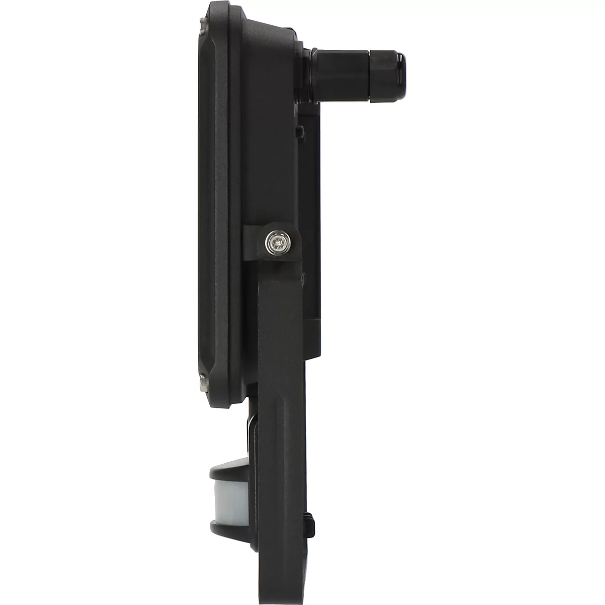 Schwarzer Wand-Bewegungsmelder mit Antenne und Halterung, Seitenansicht.