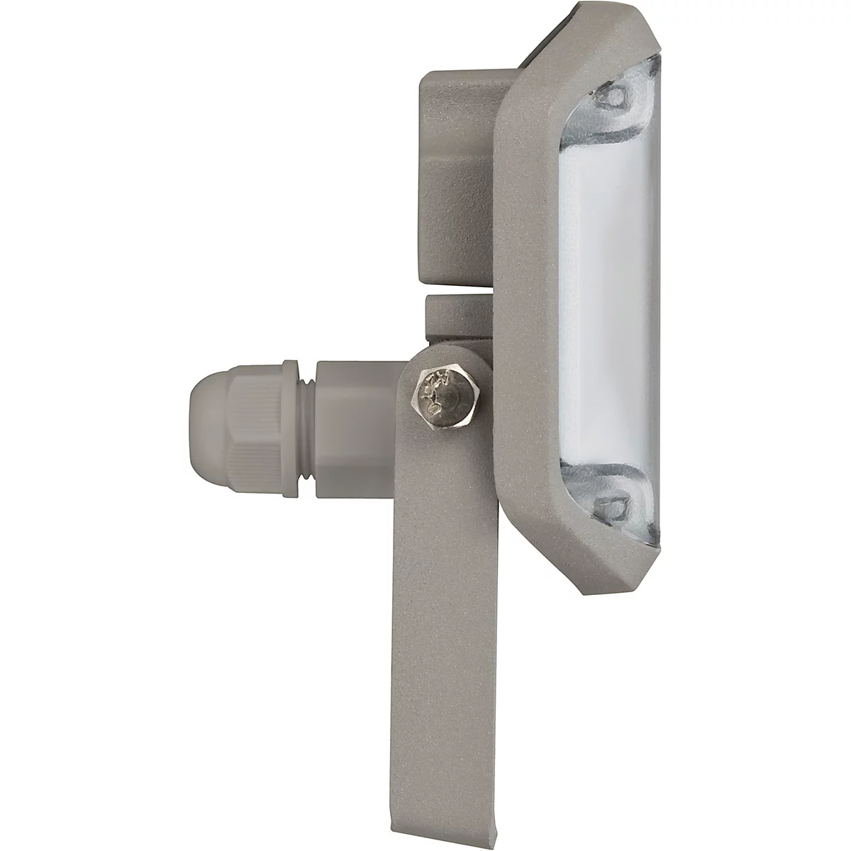 Grijze LED-schijnwerper met wit licht, beugel en schroef.