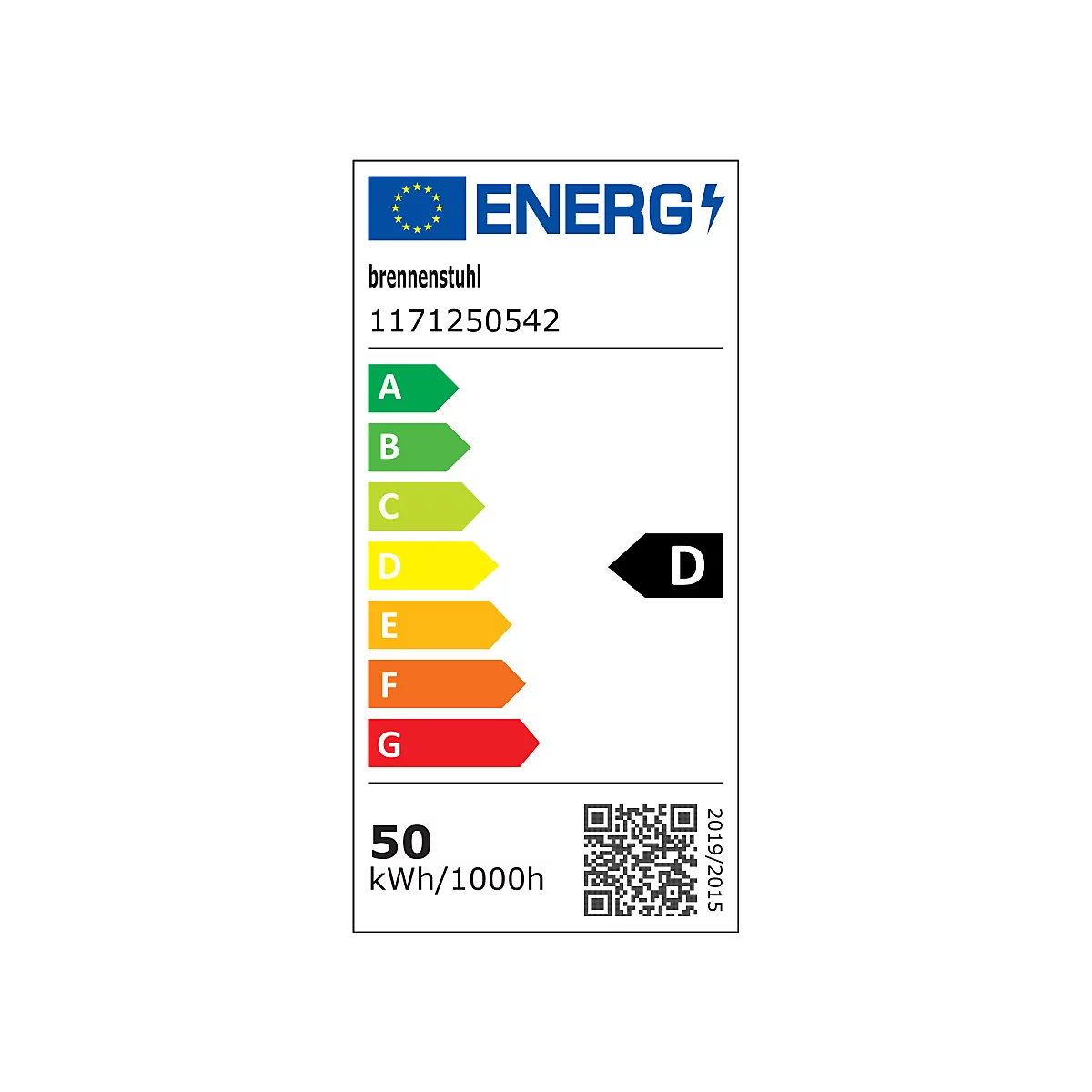 Energielabel met de letters A tot en met G en de specificatie 50 kWh/1000h.
