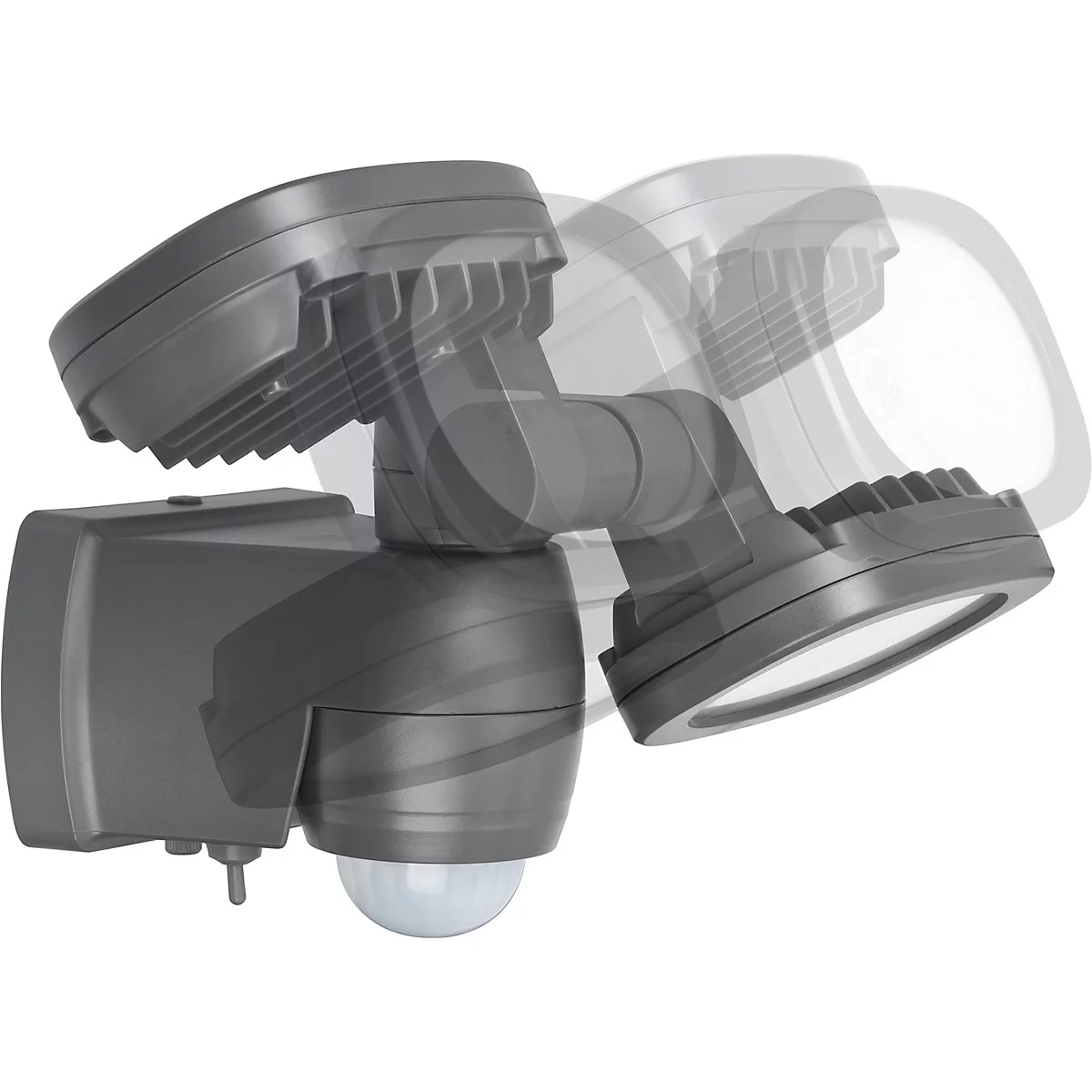 Donkergrijze LED-schijnwerper met twee ovale lampen en een bewegingssensor.