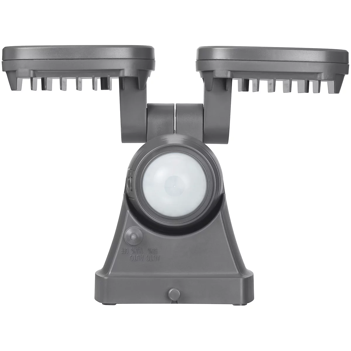 Grijze buitenlamp met twee lampen en een bewegingsdetector. De lamp is van bovenaf gefotografeerd, waarbij de achterkant zichtbaar is.
