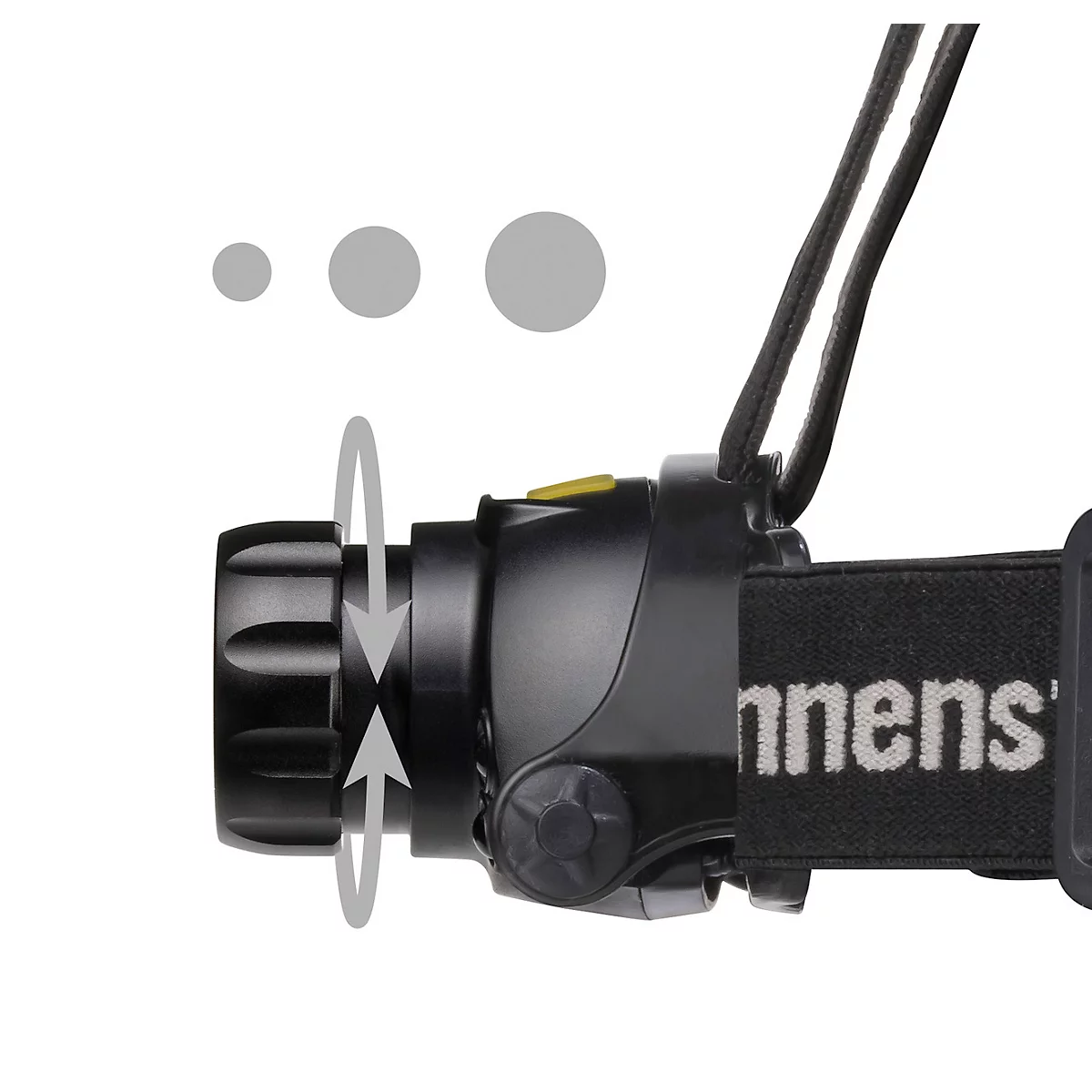 Detailopname van een zwarte hoofdlamp. Op de behuizing zijn pijlen en cirkels afgebeeld die de verstelbaarheid illustreren. De tekst op de hoofdband luidt "nens".