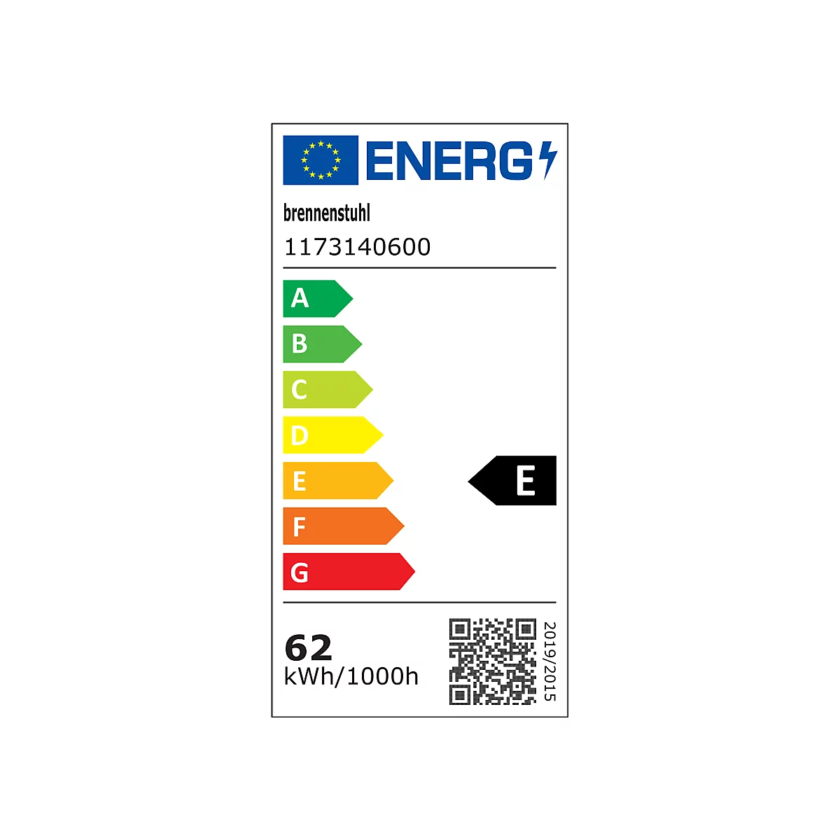 Energielabel van Brennenstuhl, energie-efficiëntieklasse E. Toont ook de waarden 62 kWh/1000h en QR-code.