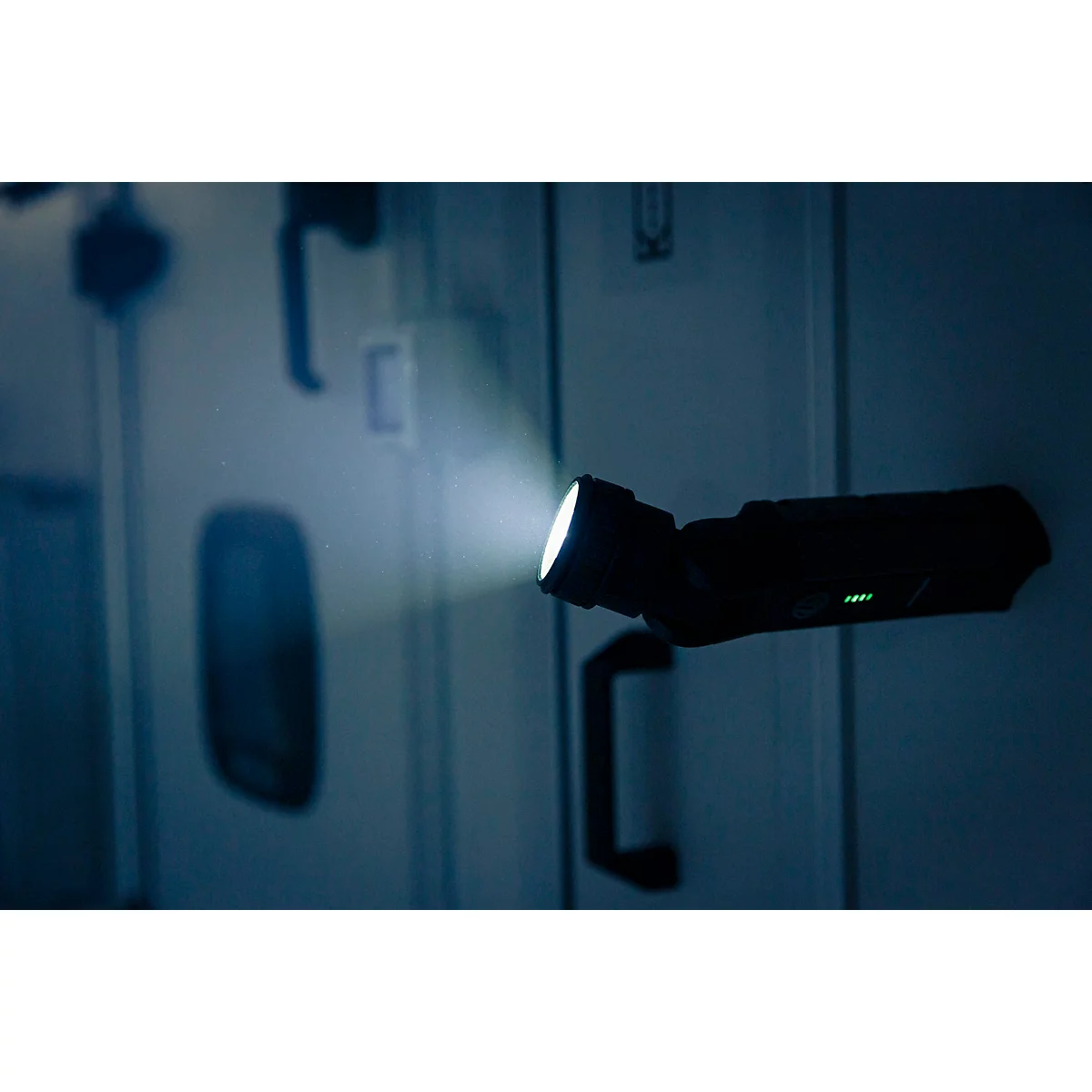 Symbole rond et rouge avec les mots "AUSTAUSCHBAR REPLACAABLE" en blanc. Un symbole de flèche entoure un symbole de batterie.