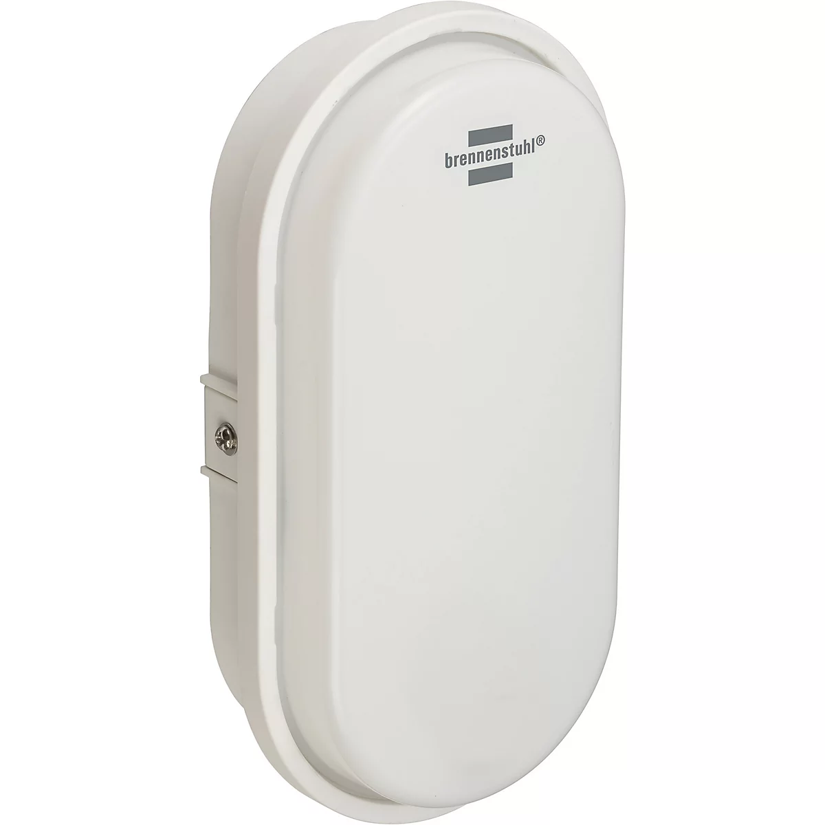 Ovale, witte wandlamp. Bovenop het 'brennenstuhl' logo.