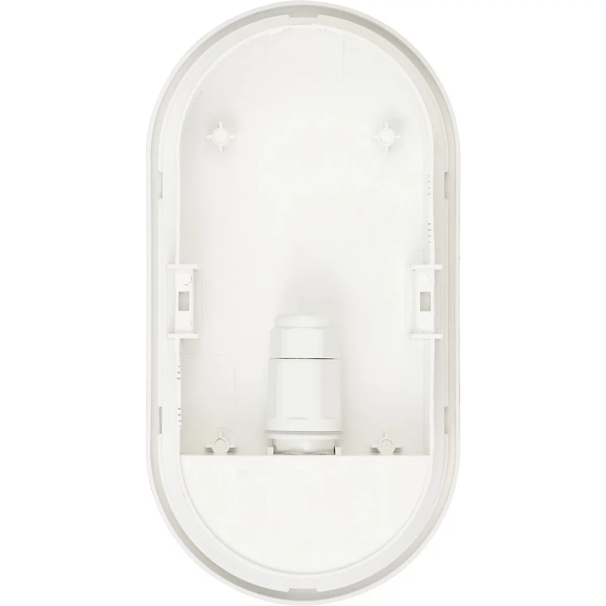 Binnenaanzicht van een witte, ovale wandlamp. In het midden bevindt zich een cilindrisch element omgeven door een witte behuizing.