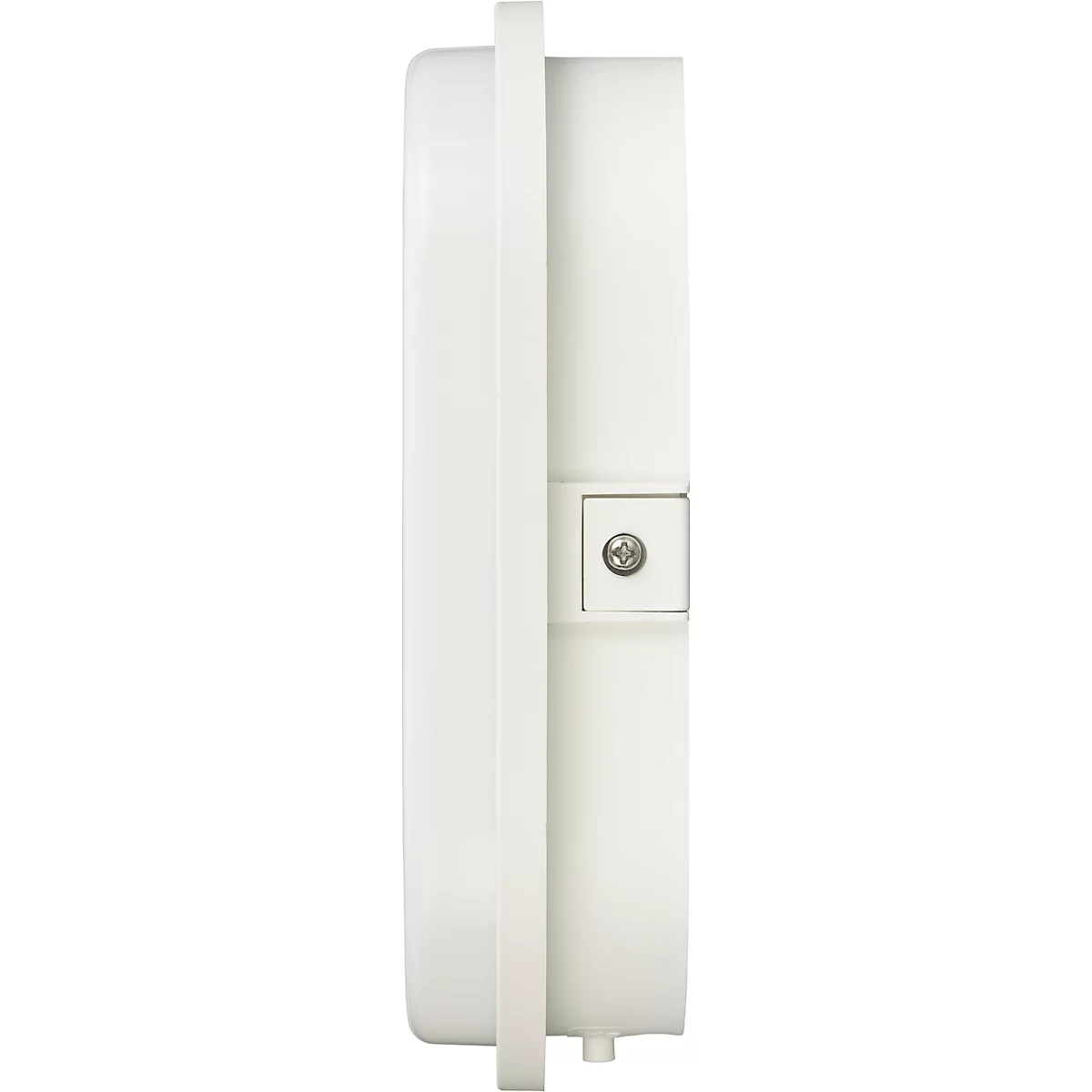 Witte, ovale plafondlamp, van binnenuit bekeken. Een ronde metalen beugel, waaraan een fitting voor de lamp is bevestigd.