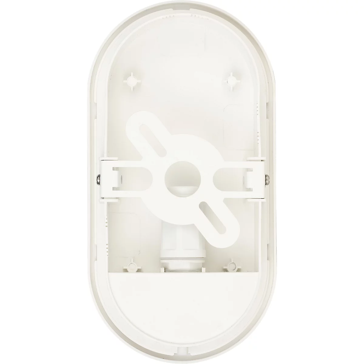 Een witte, ovale plafondlamp. Binnenin zijn de beugel en de fitting voor de lamp zichtbaar.