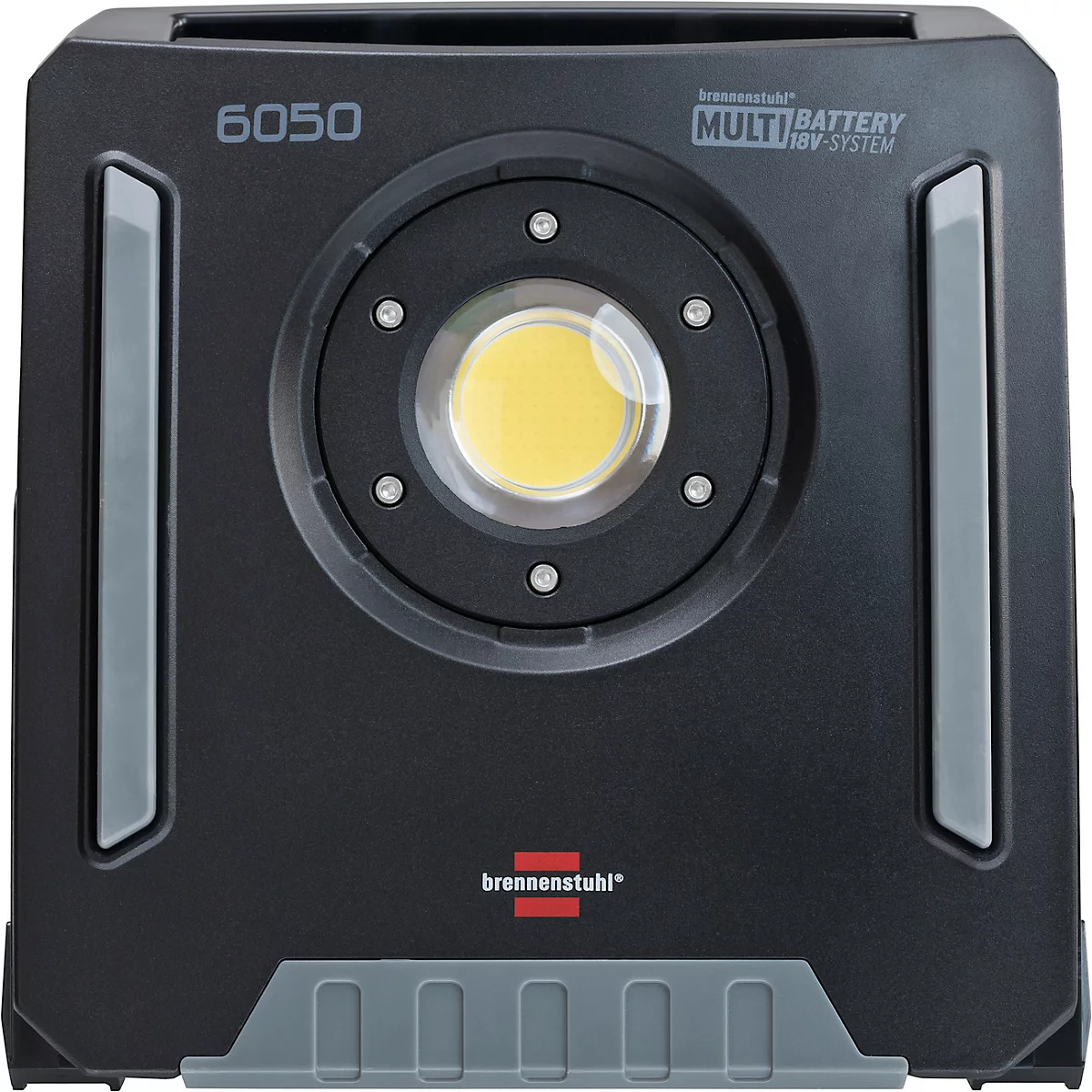 Une lampe de travail noire avec une lumière LED blanche et des accents gris, le logo Brennenstuhl et le numéro 6050.