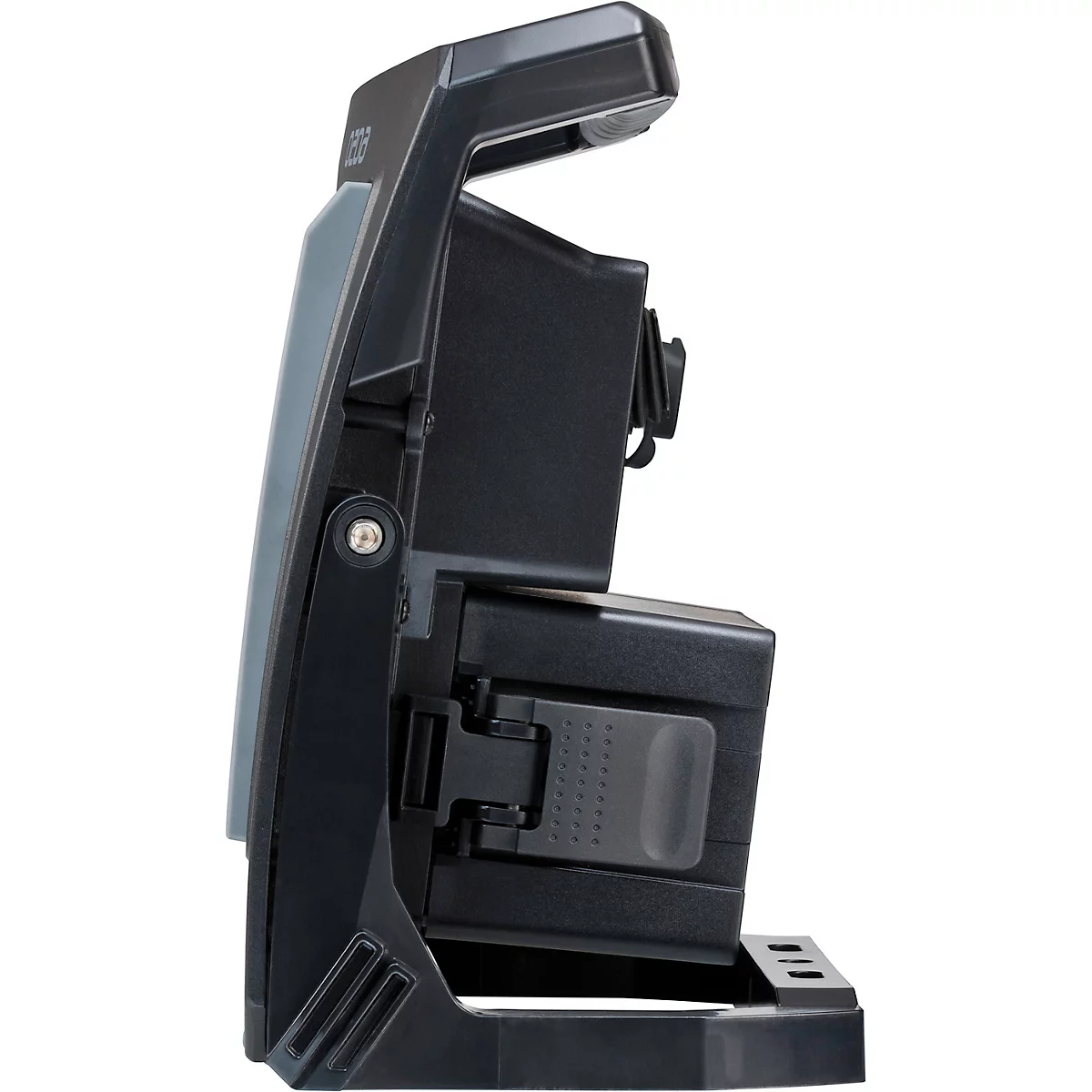 Appareil technique noir, vue latérale. Un boîtier aux lignes épurées, avec des éléments gris et noirs.