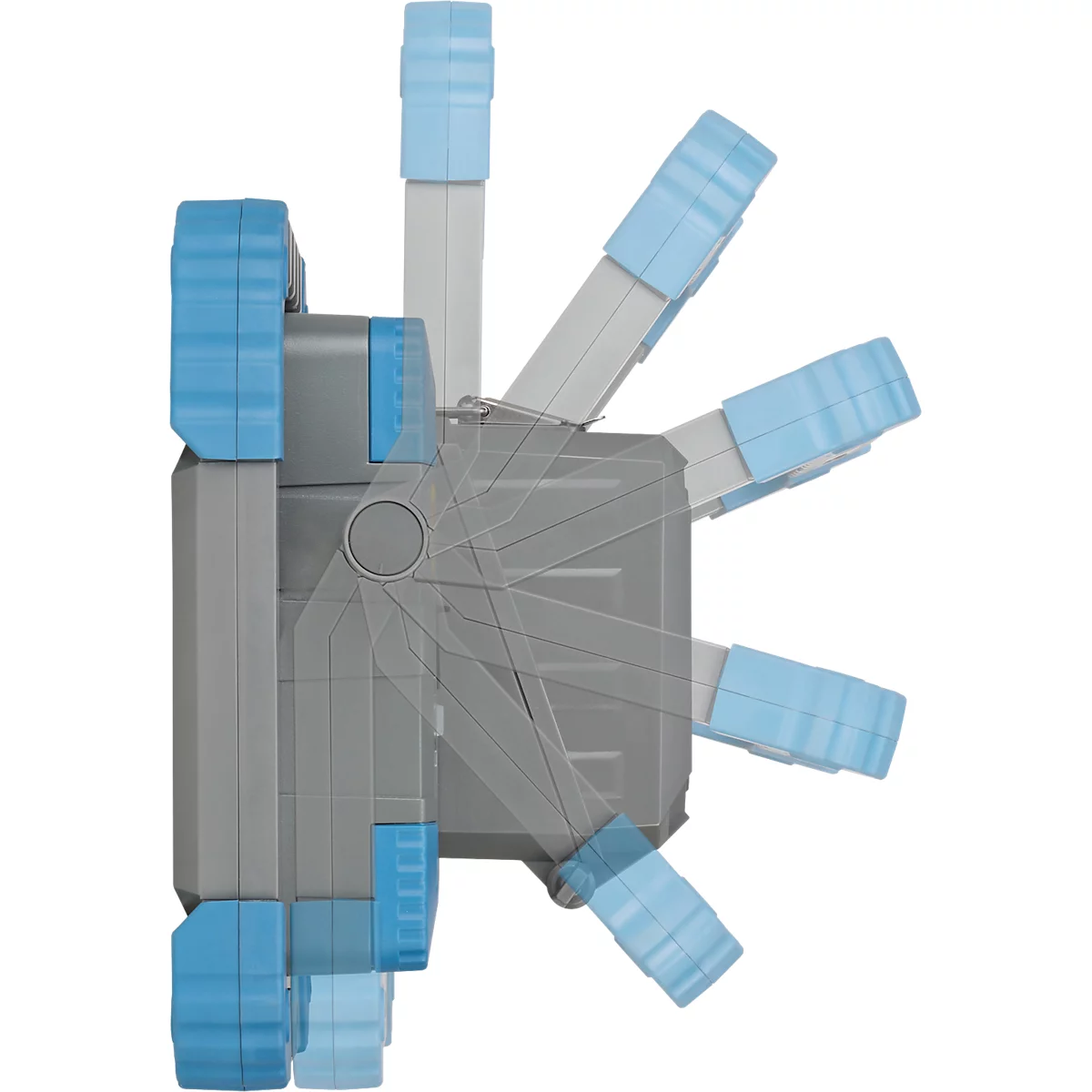 Boîte à outils pliable grise et bleue avec des joints transparents ; la boîte à outils est partiellement ouverte.