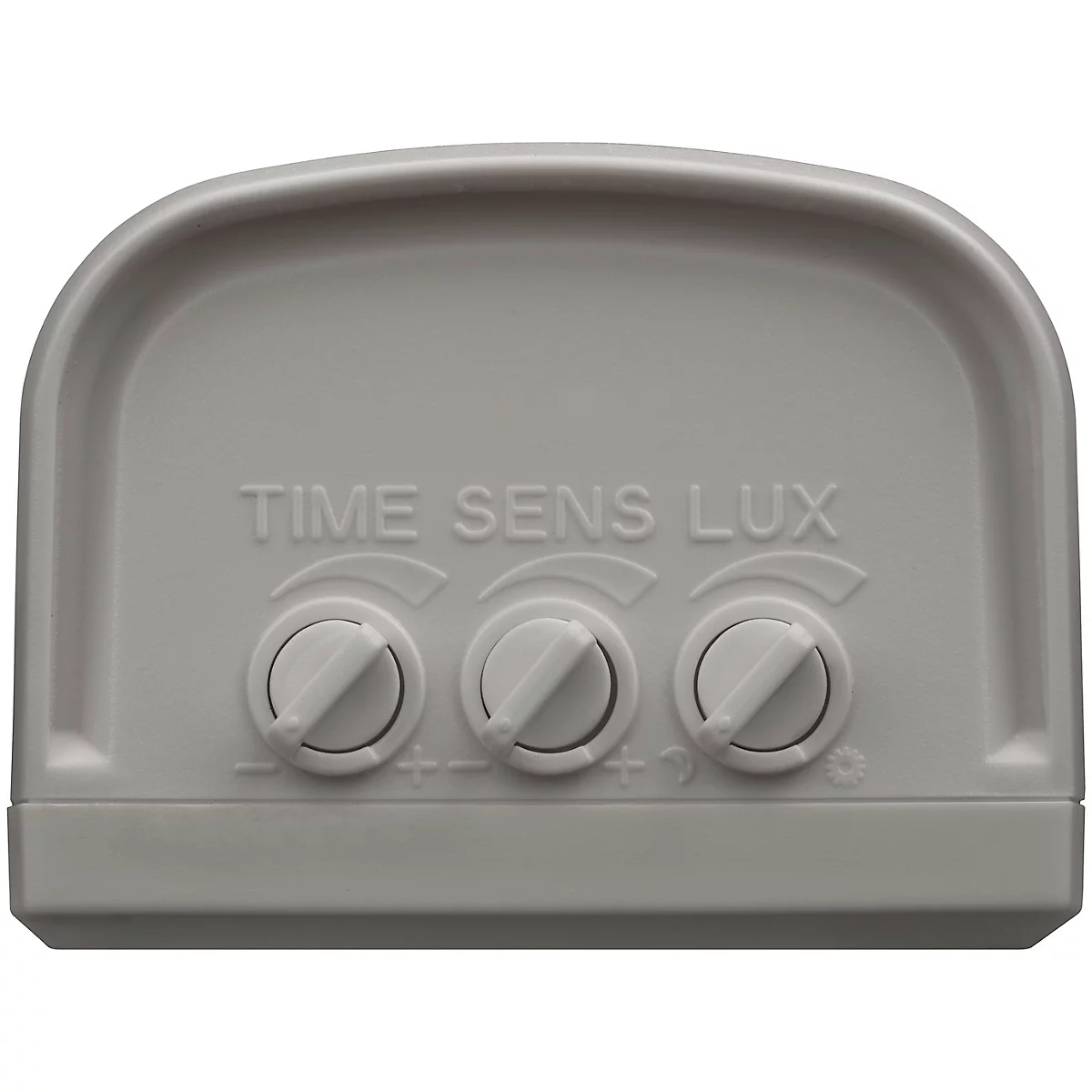 Détecteur de mouvement gris avec trois cadrans et l'inscription TIME SENS LUX. Des symboles sont représentés sous les cadrans.