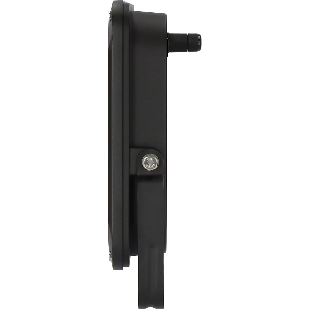 Vue latérale d'un composant électronique noir. Un pied pivotant est fixé.