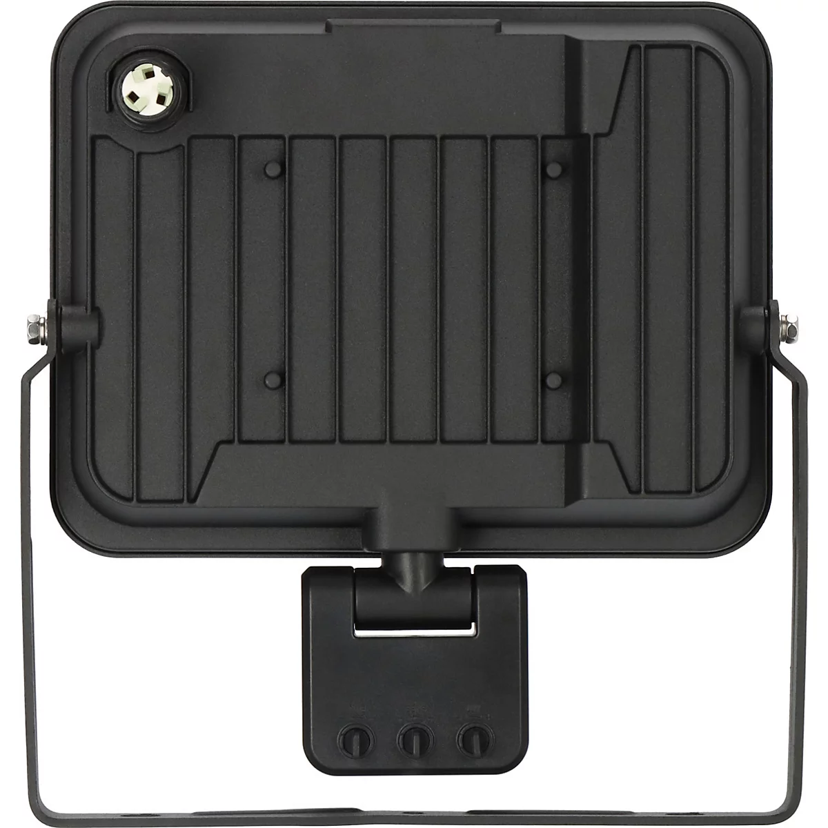 Projecteur LED sombre et rectangulaire vu de dos. Ailettes de refroidissement, pied pliable, entrée de câble, support métallique.