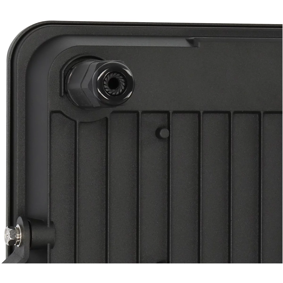 Gros plan d'une lampe noire. On peut voir un élément rond avec un filetage et une surface nervurée.