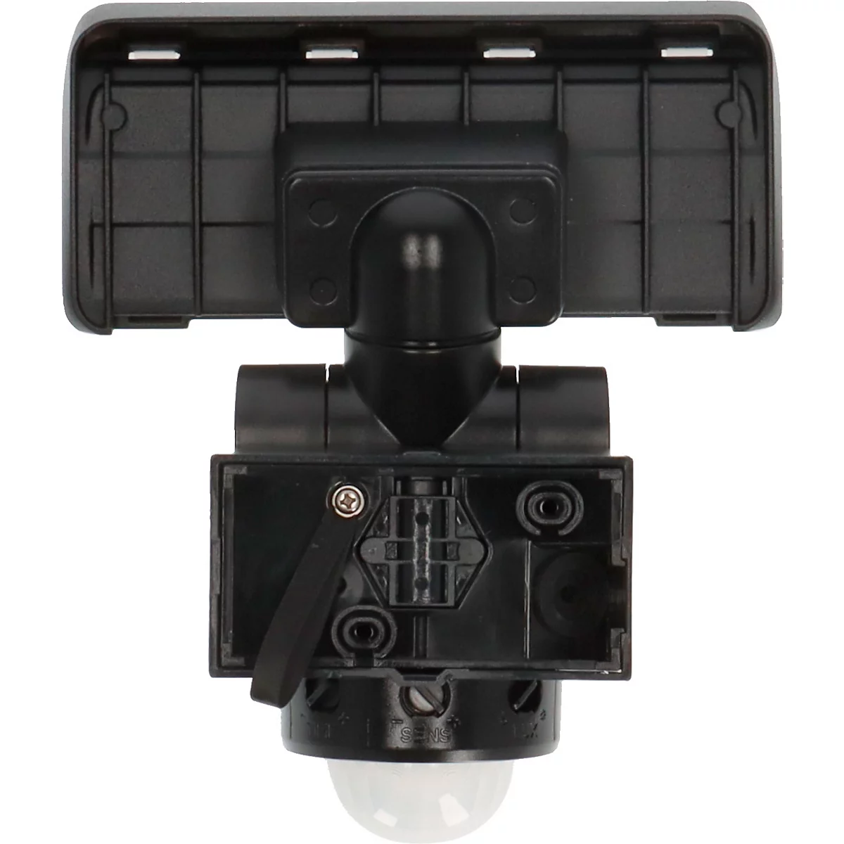 Détecteur de mouvement noir, support de montage, dôme de lentille, vue détaillée d'en bas.