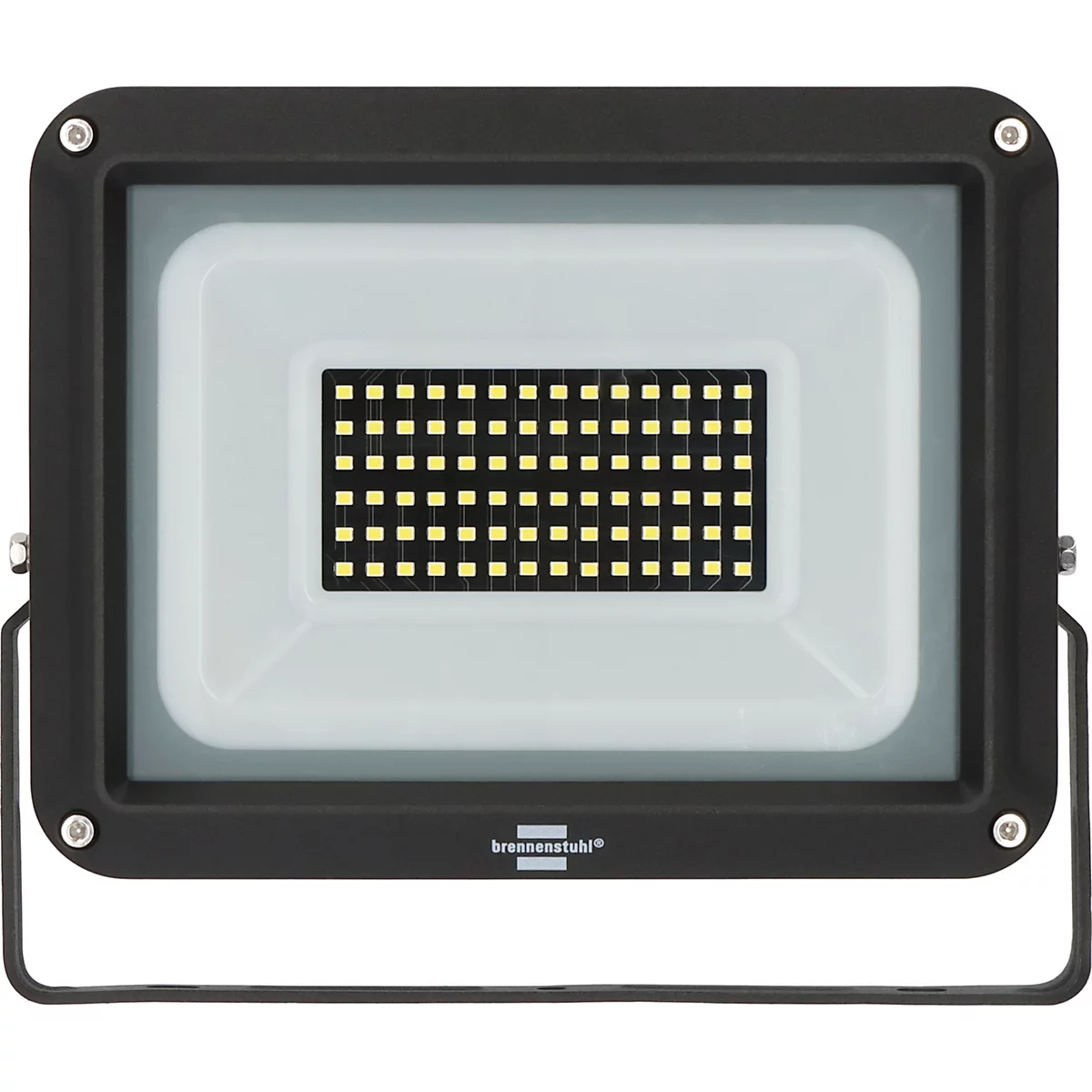 Zwarte LED-schijnwerper met een vierkant lichtveld en beugel.