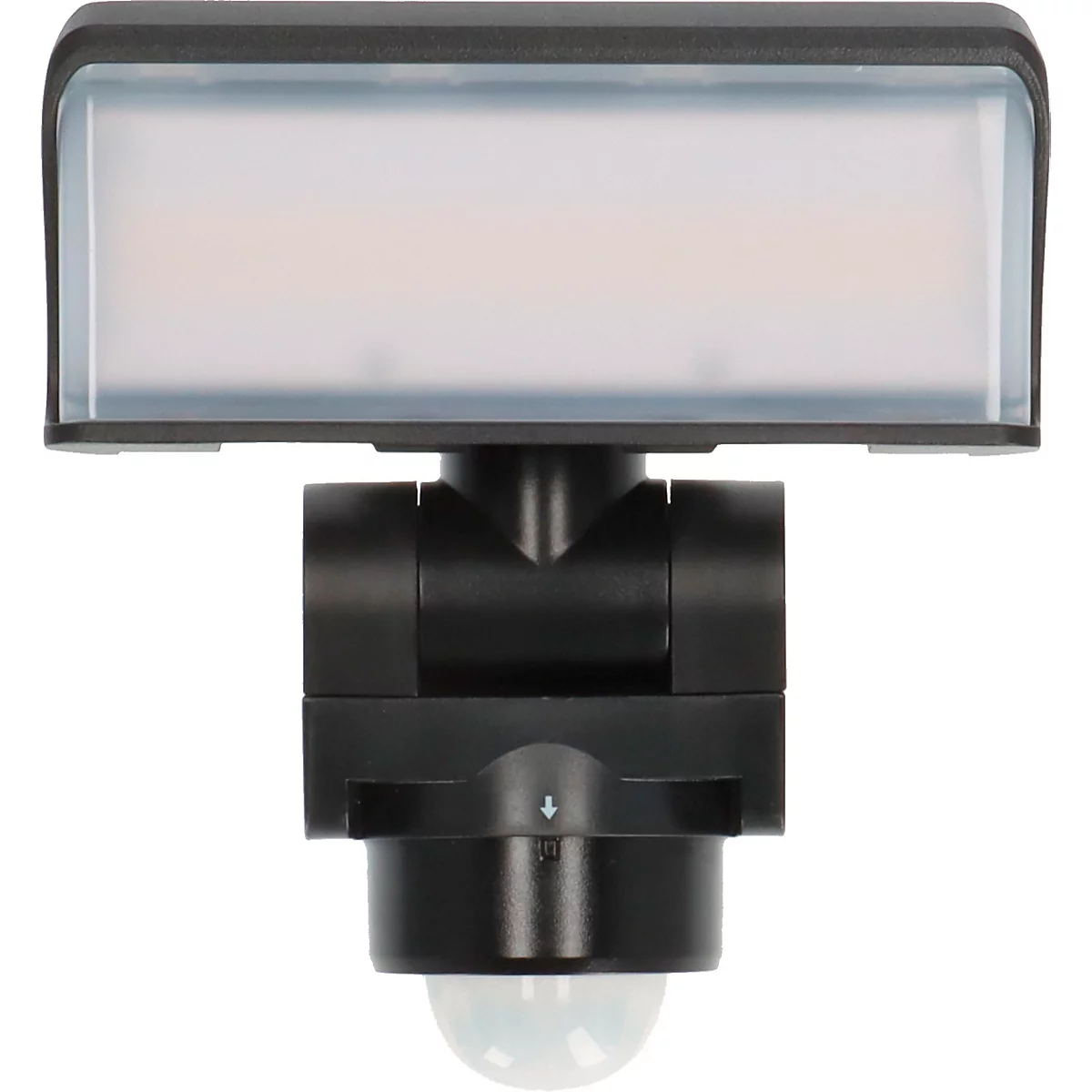Zwarte, rechthoekige bewegingsmelder met een wit, lichtgevend veld en een halfronde sensor.