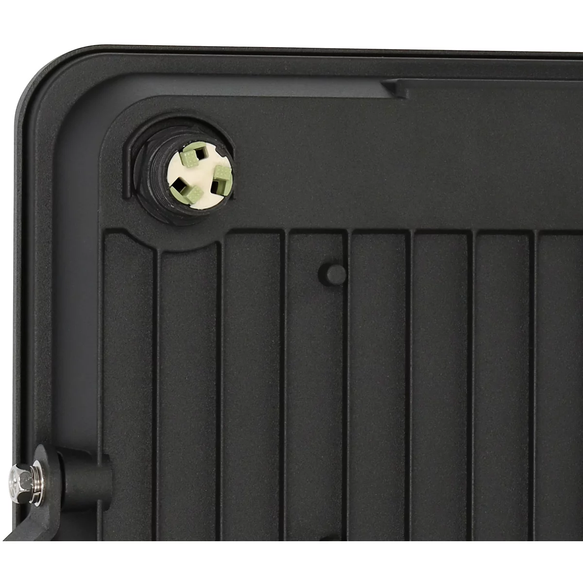 Schwarzer LED-Flutlichtstrahler mit weißer Lichtfläche und gelben LED-Punkten. Er hat eine Halterung für die Montage.