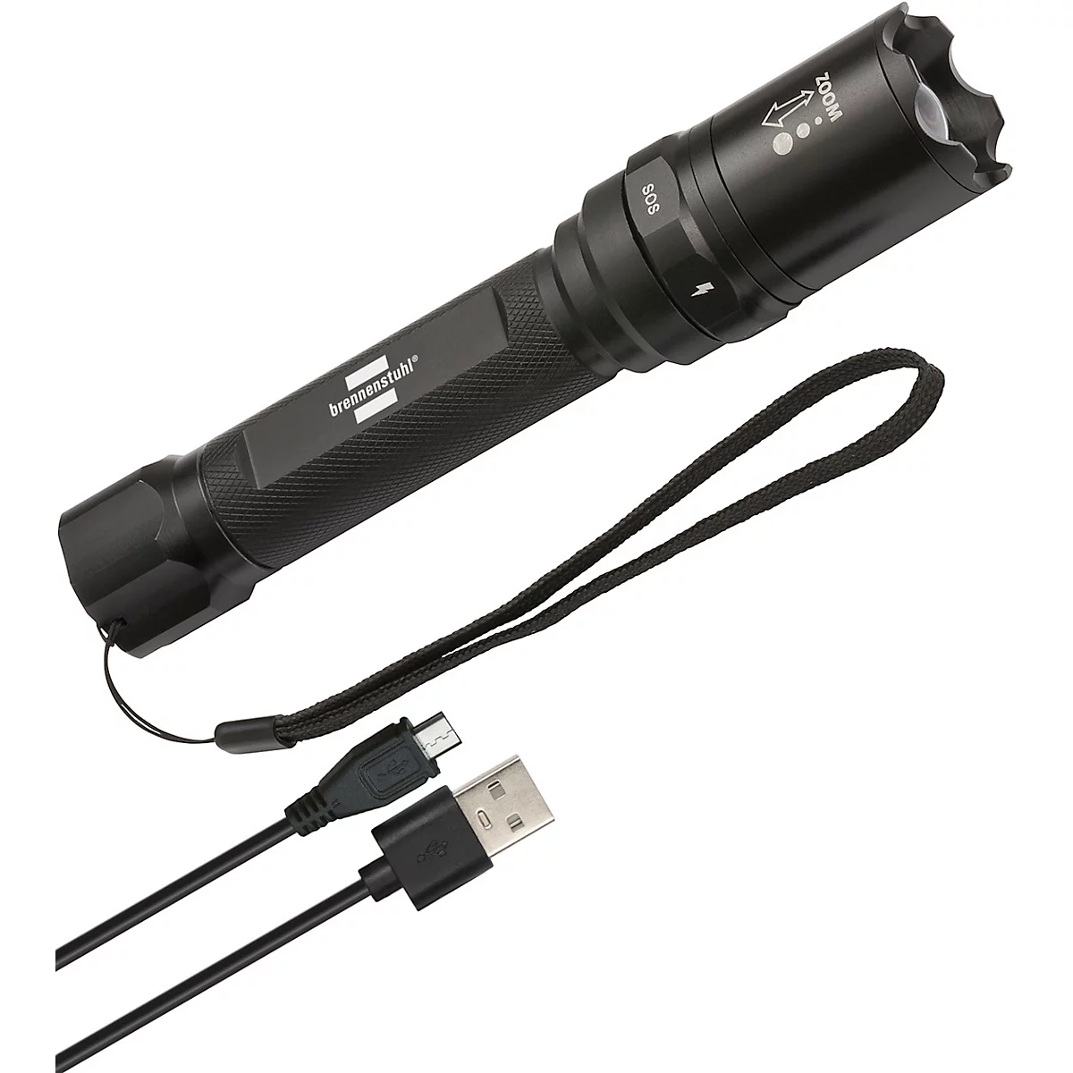 Schwarze Taschenlampe mit Text 'Brennestuhl', Handschlaufe und USB-Ladekabel.