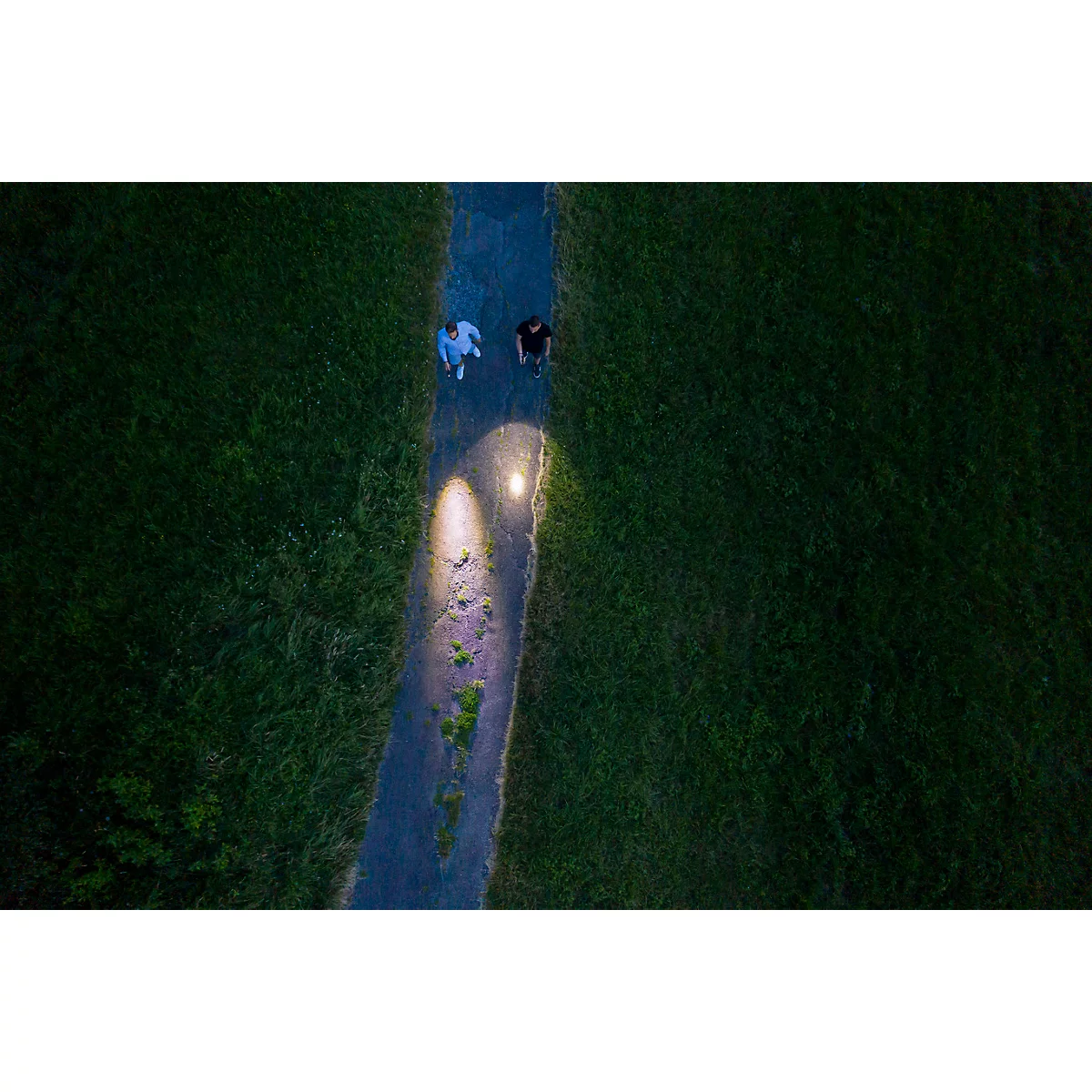 Zwei Personen gehen auf einem beleuchteten Weg durch eine grüne Wiese. Vogelperspektive.