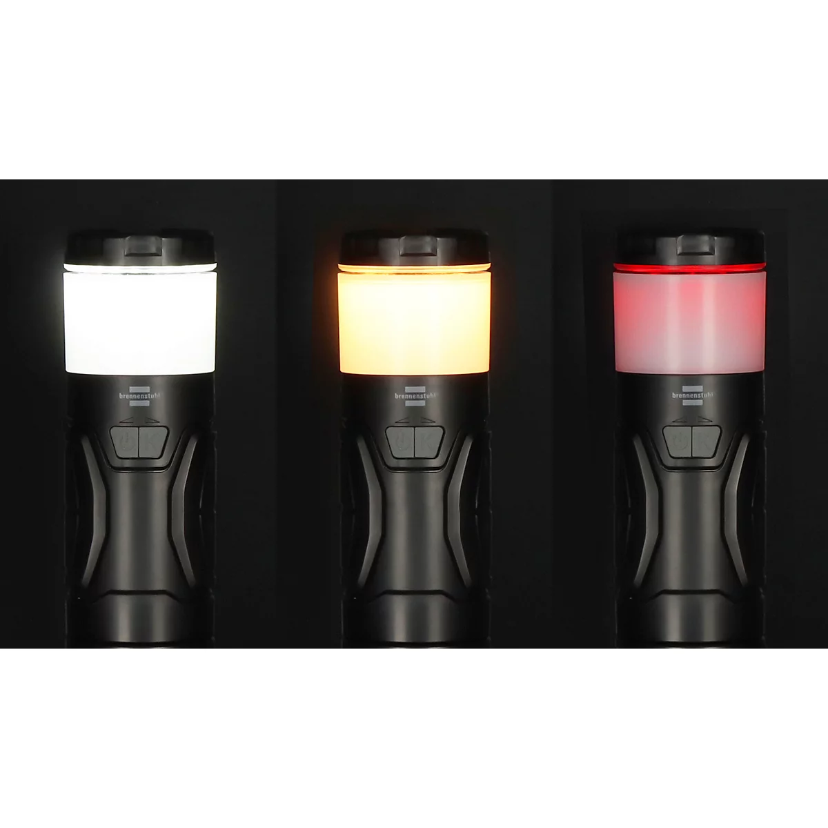 Drie zwarte kampeerlantaarns met verschillende lichtkleuren: wit, geel en rood.