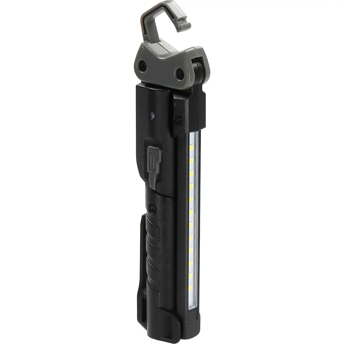 Zwarte LED-werklamp met een grijze haak en heldere LED's.