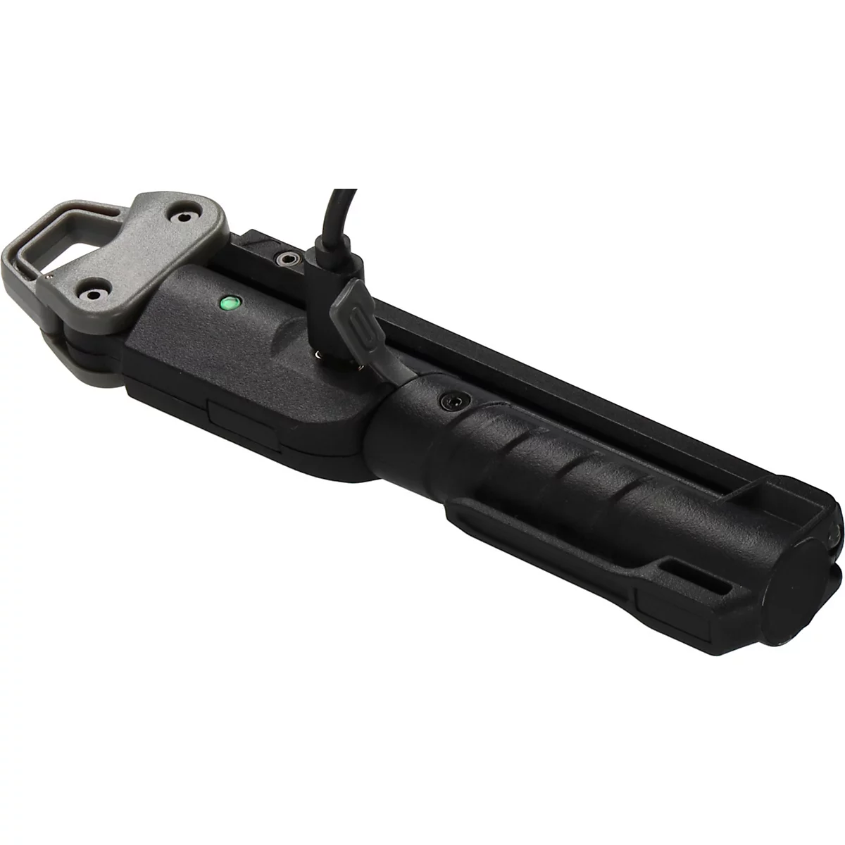 Zwarte LED-werklamp met draagband en oplaadkabels. Het heeft een driehoekige vorm en een handvat.