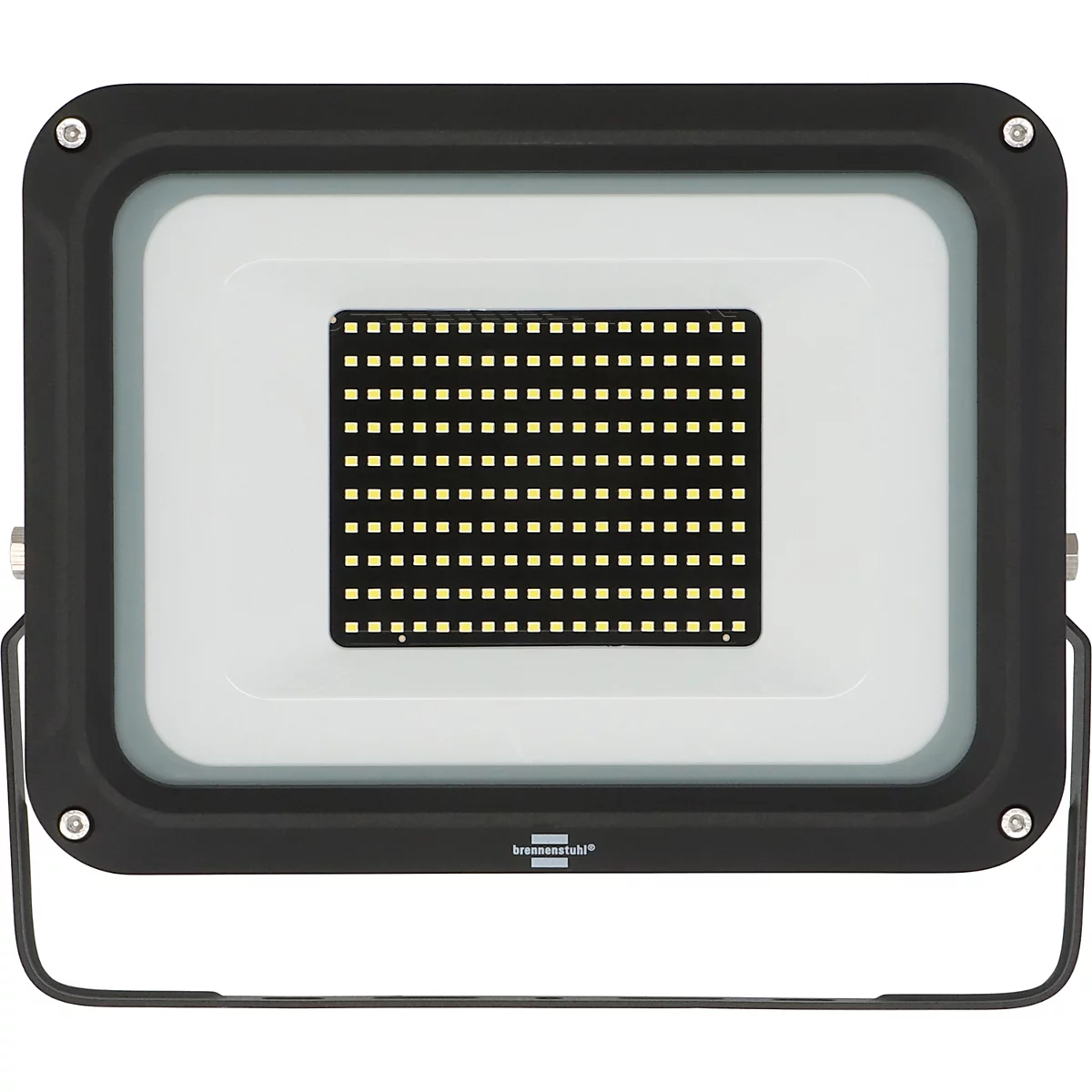 Een rechthoekige LED-lamp met een zwart frame, wit interieur en een zwart inzetstuk met vierkante LED's. Een metalen beugel is bevestigd.