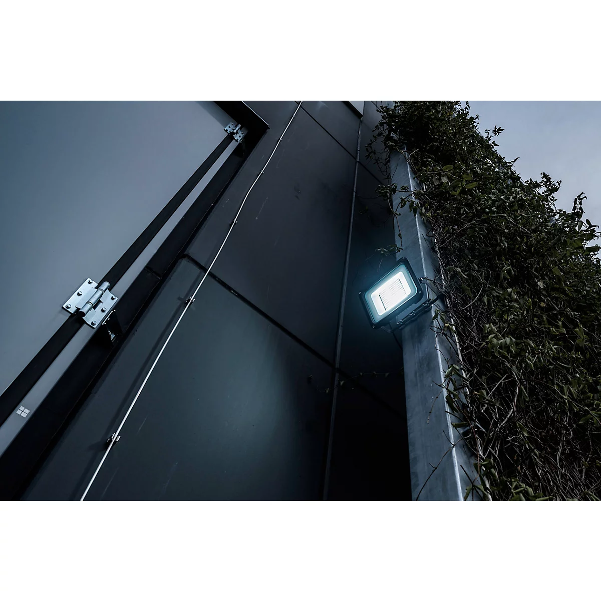 Donker gebouw met een heldere schijnwerper. Links: metalen deurscharnieren, rechts: groene planten.