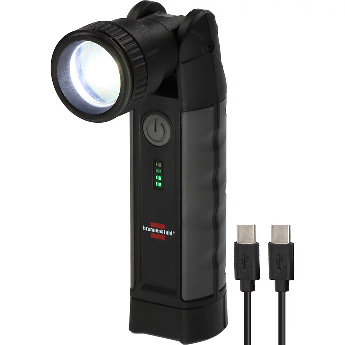 Zwarte LED werklamp met helder licht. Hij heeft een draaiende lamp en wordt geleverd met twee USB-C kabels.