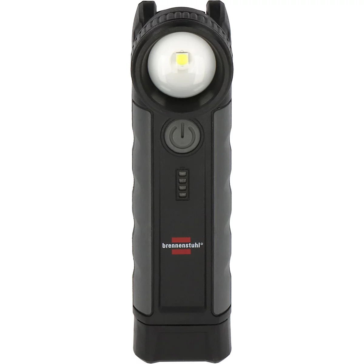 Zwarte LED-werklamp met grijze behuizing en het opschrift 'brennenstuhl'. Bovenop zit een cirkelvormige lichtbron.