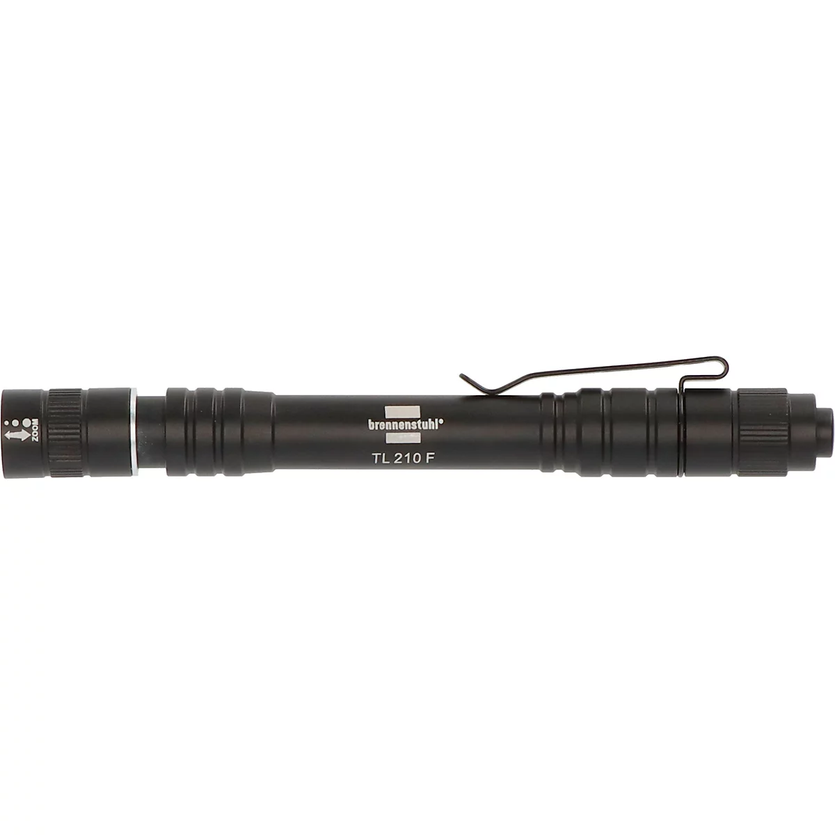 Zwarte zaklamp met clip, witte LED, met opschrift 'TL 210 F'.