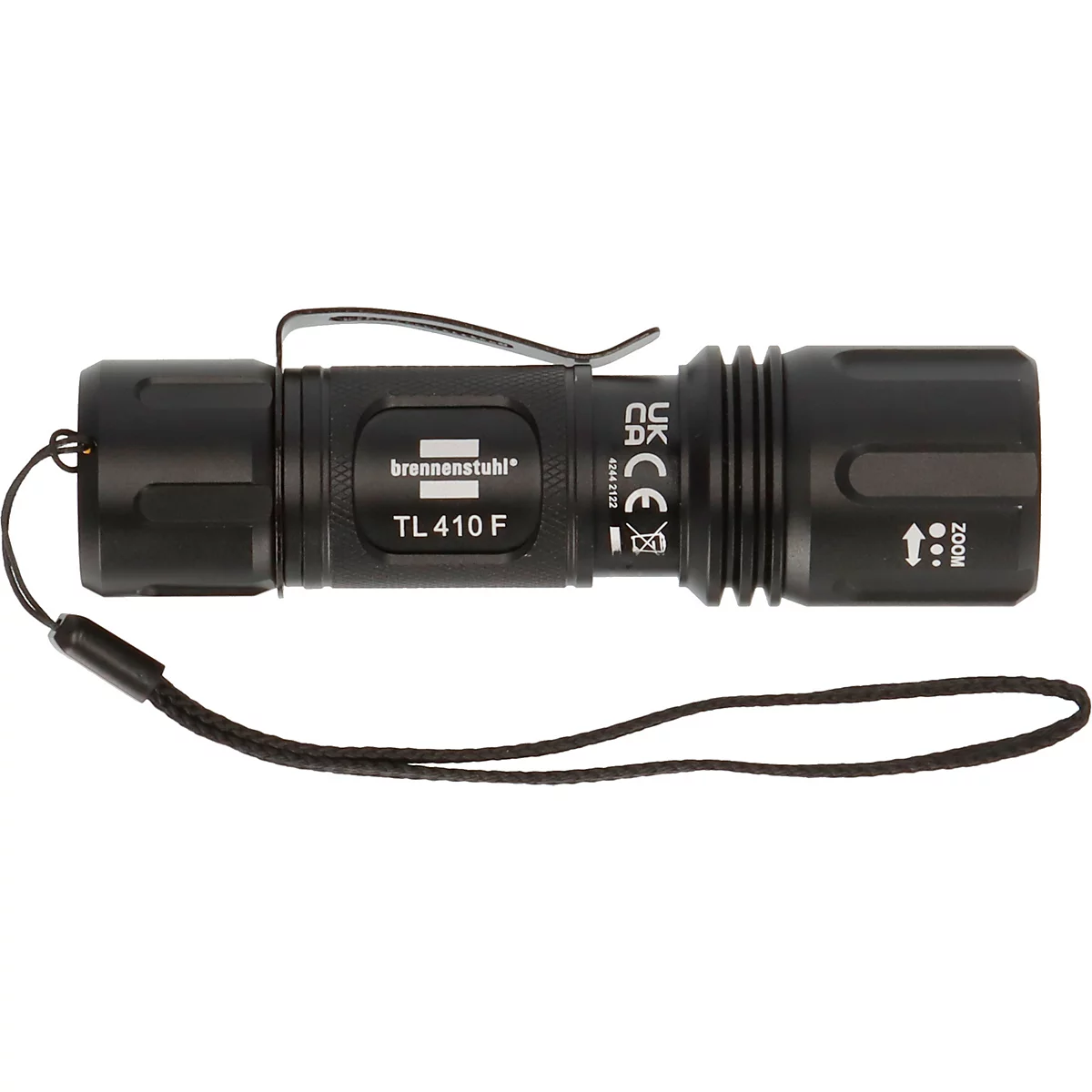 Zwarte zaklamp met de inscriptie TL 410 F, clip en handriem.