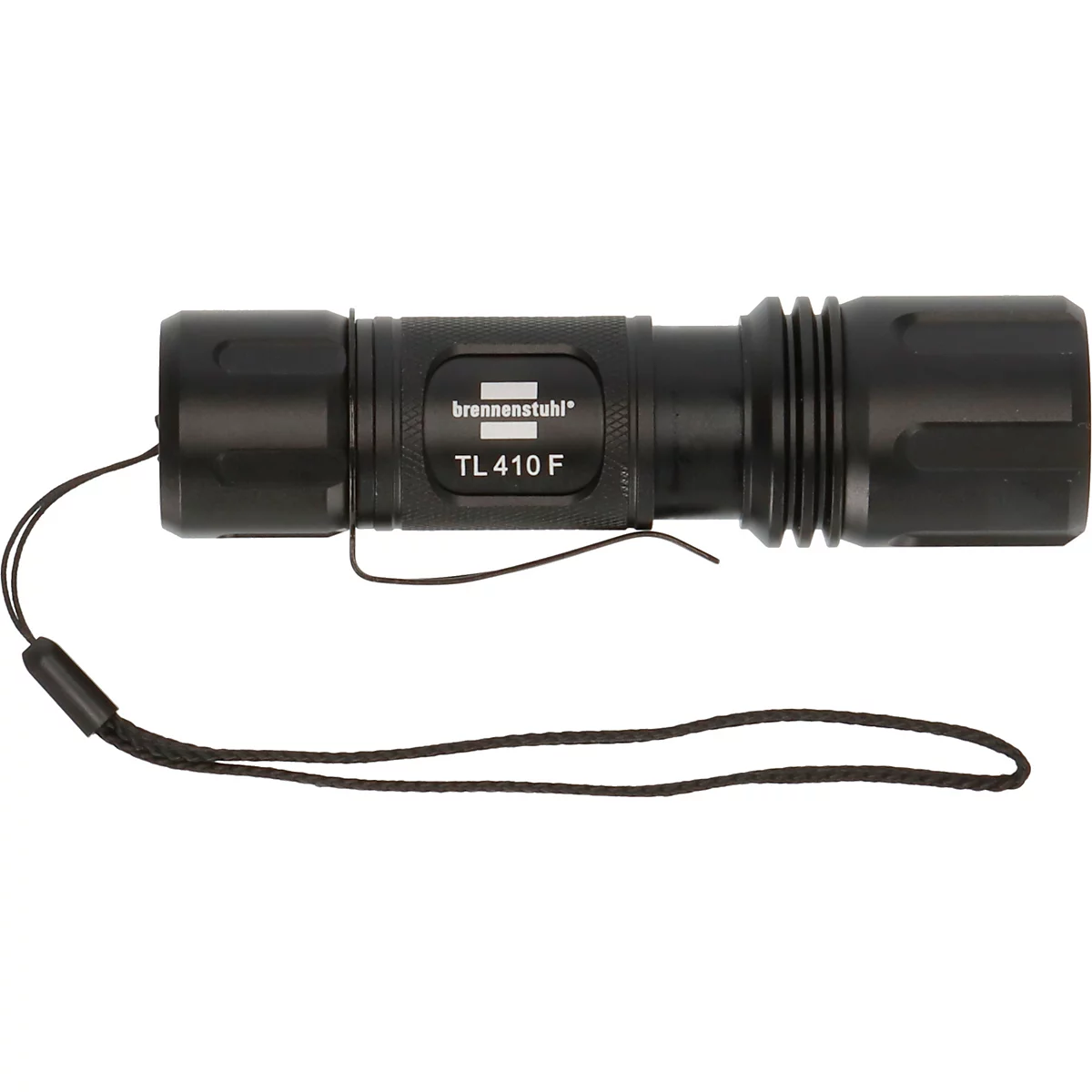 Zwarte zaklamp met de tekst TL 410 F en een handlus.